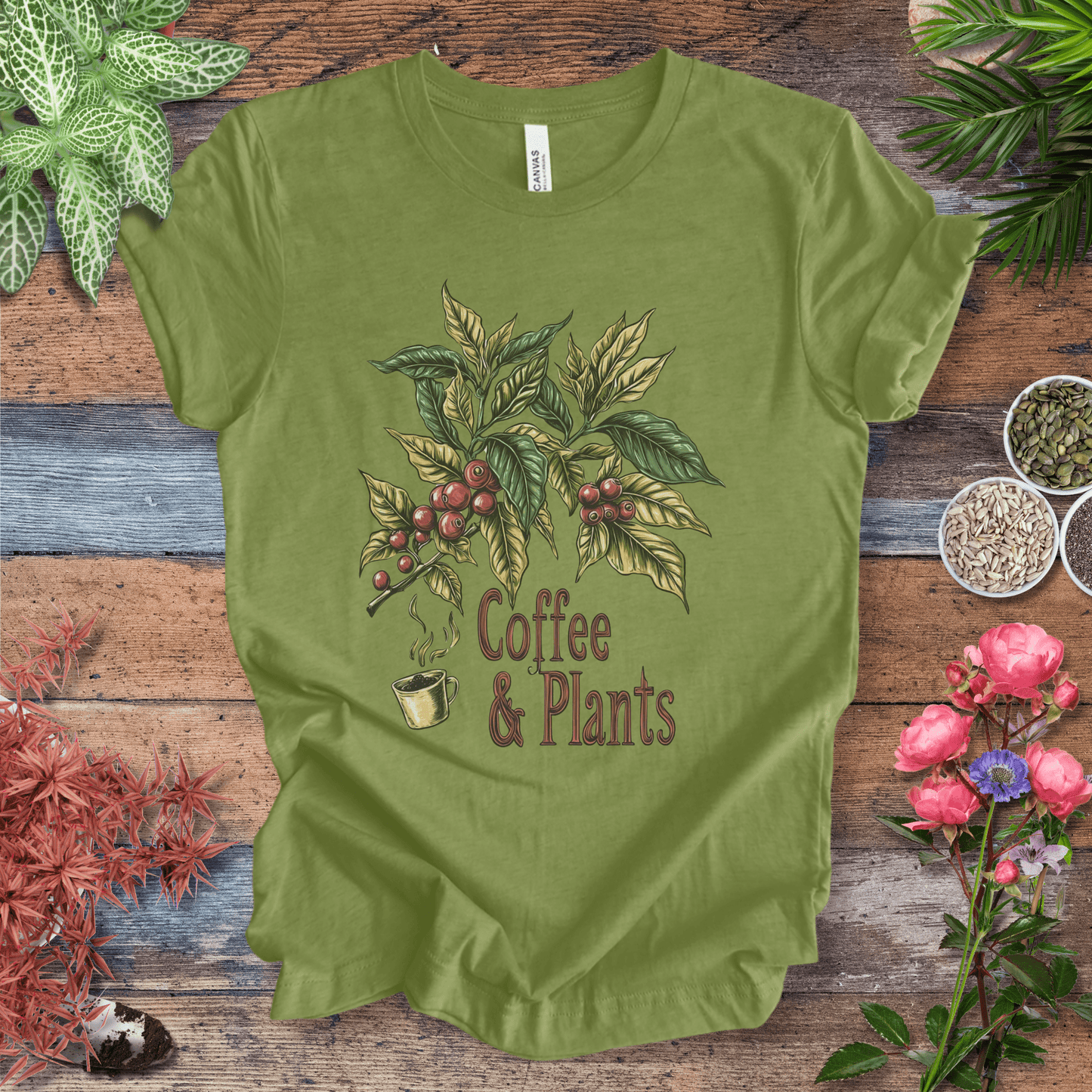 Printify T-Shirt Heather Green / S Coffee & Plants Botanical T-Shirt
