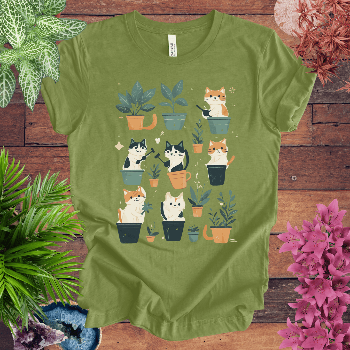 Printify T-Shirt Heather Green / S Curious Cats and Houseplants T-Shirt