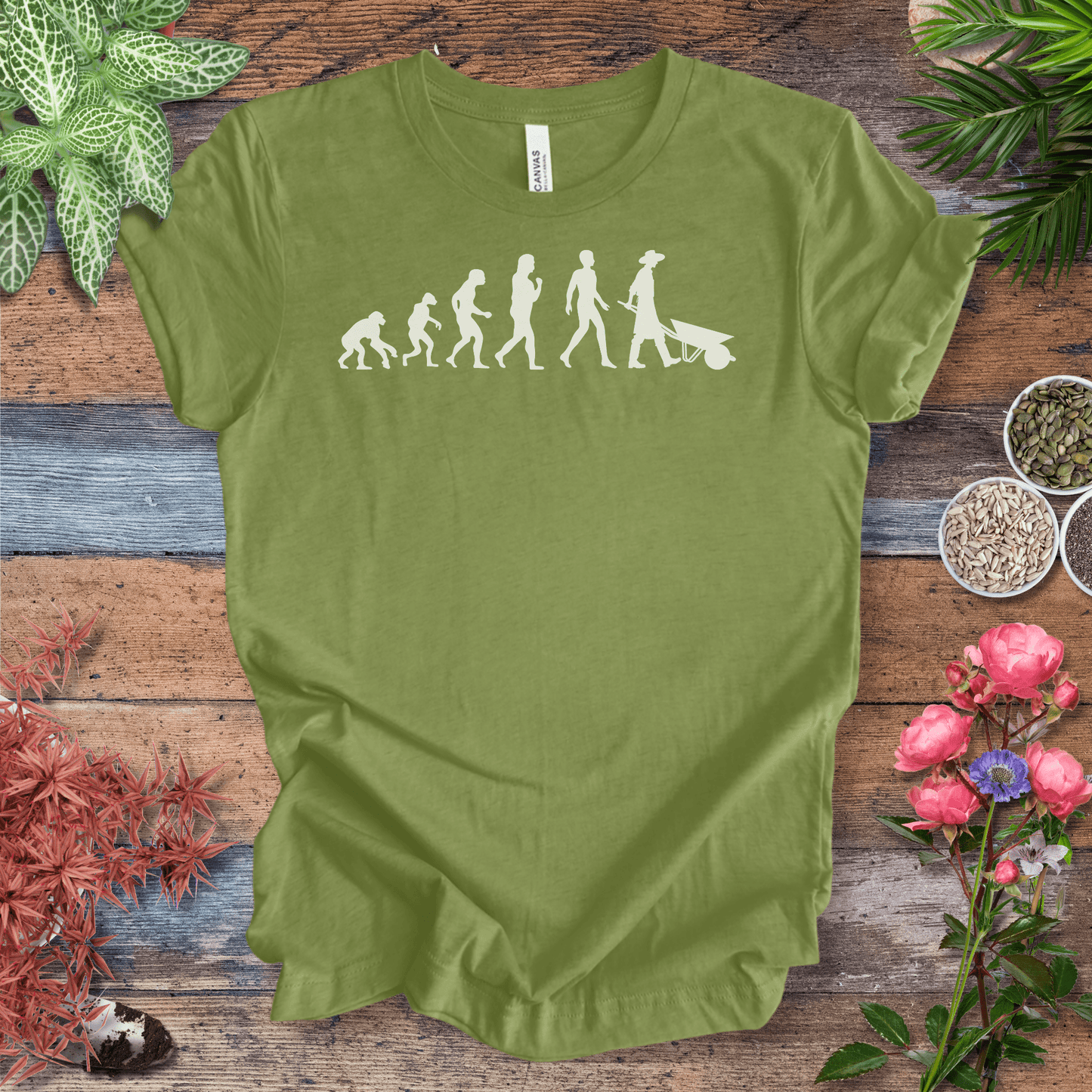Printify T-Shirt Heather Green / S Evolution of a Gardener (Wheelbarrow) | Fun Gardening Tee
