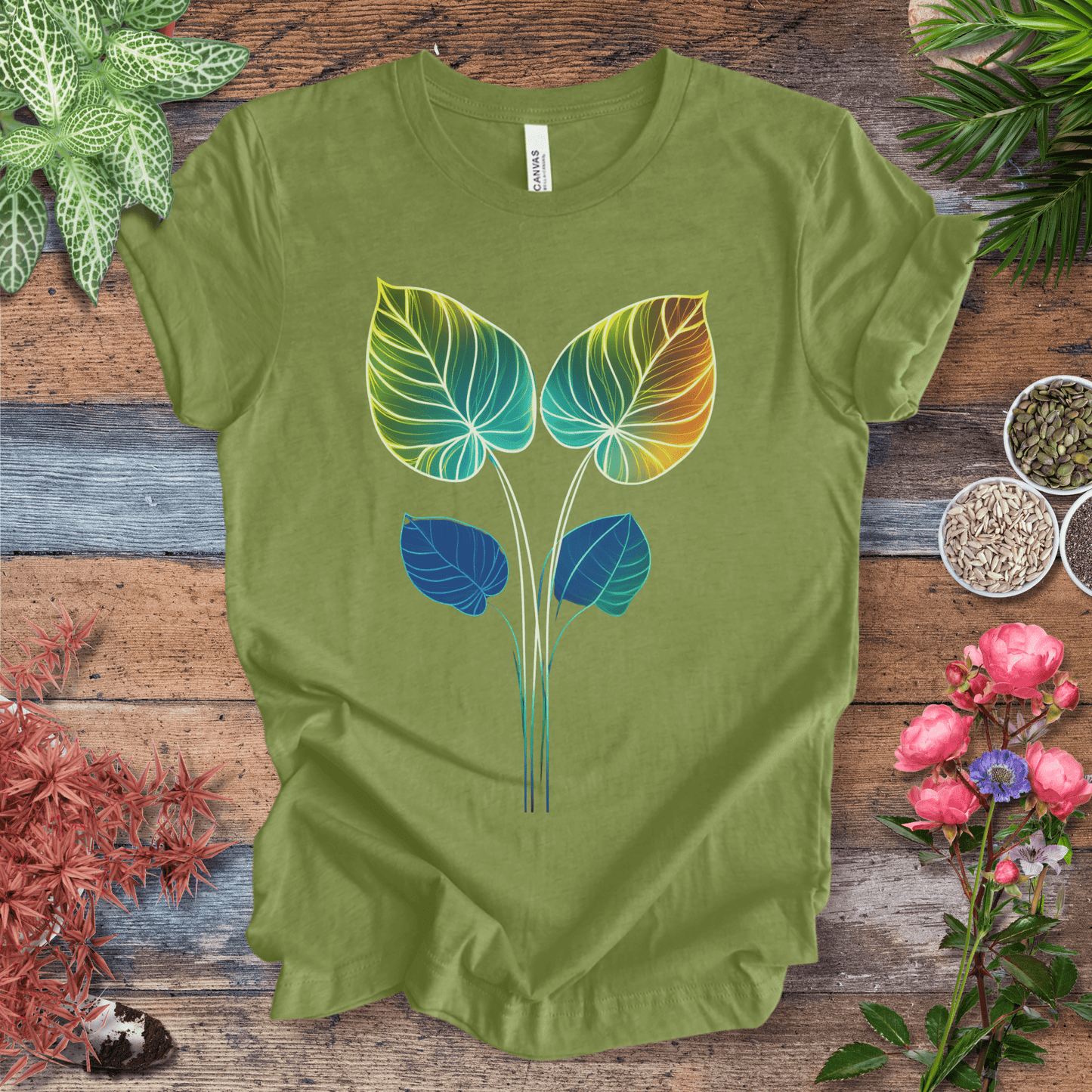 Printify T-Shirt Heather Green / S Glowing Futuristic Leaves Botanical Nature Lover T-Shirt