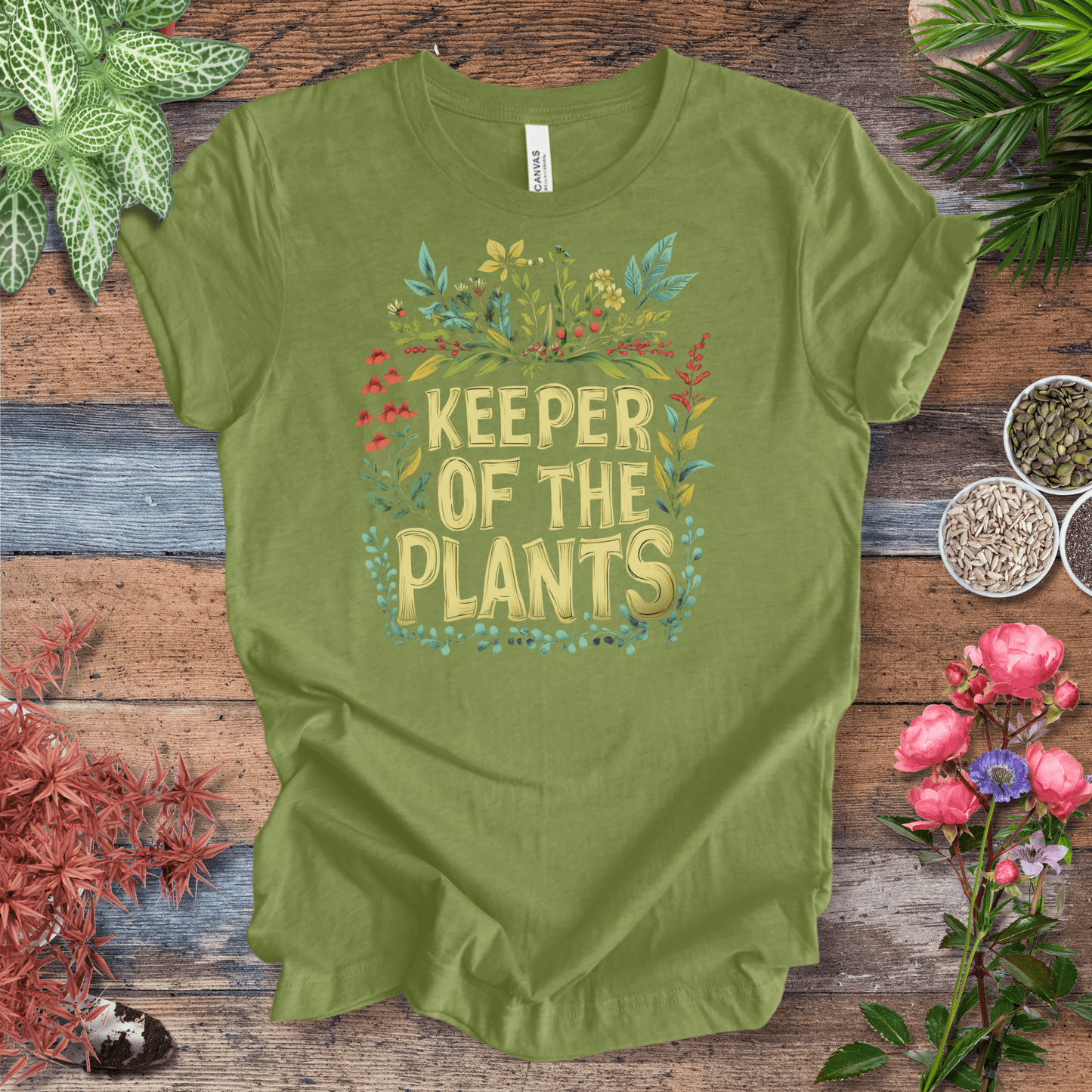 Printify T-Shirt Heather Green / S Keeper of the Plants – Colorful Blooms Edition | Plant Lover Tee