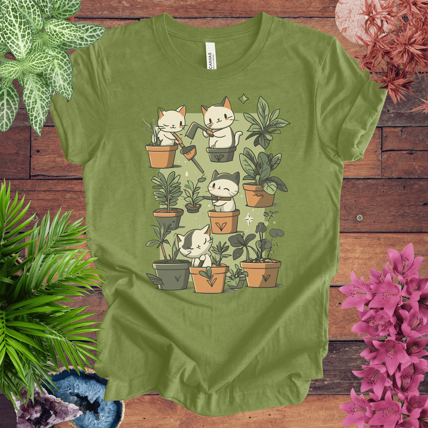 Printify T-Shirt Heather Green / S Kittens in the Garden T-Shirt