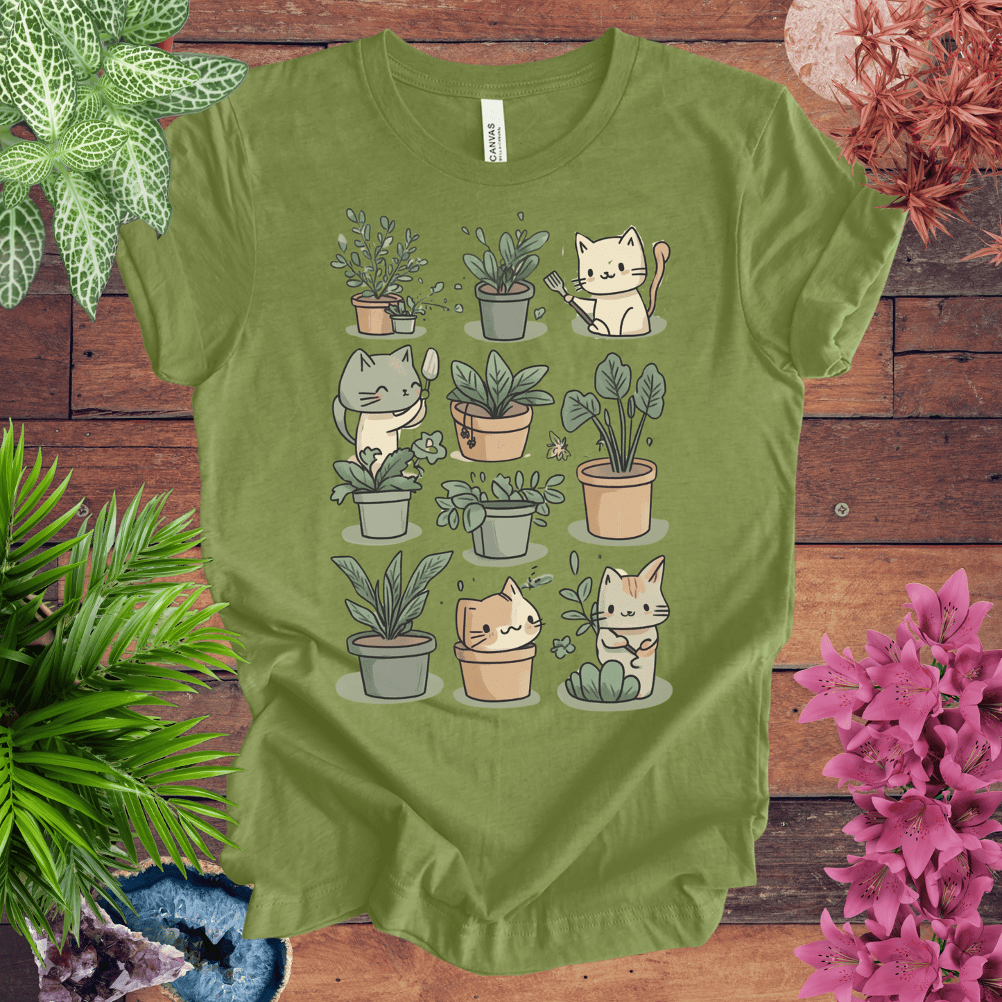 Printify T-Shirt Heather Green / S Mischievous Kitties Garden Helpers T-Shirt