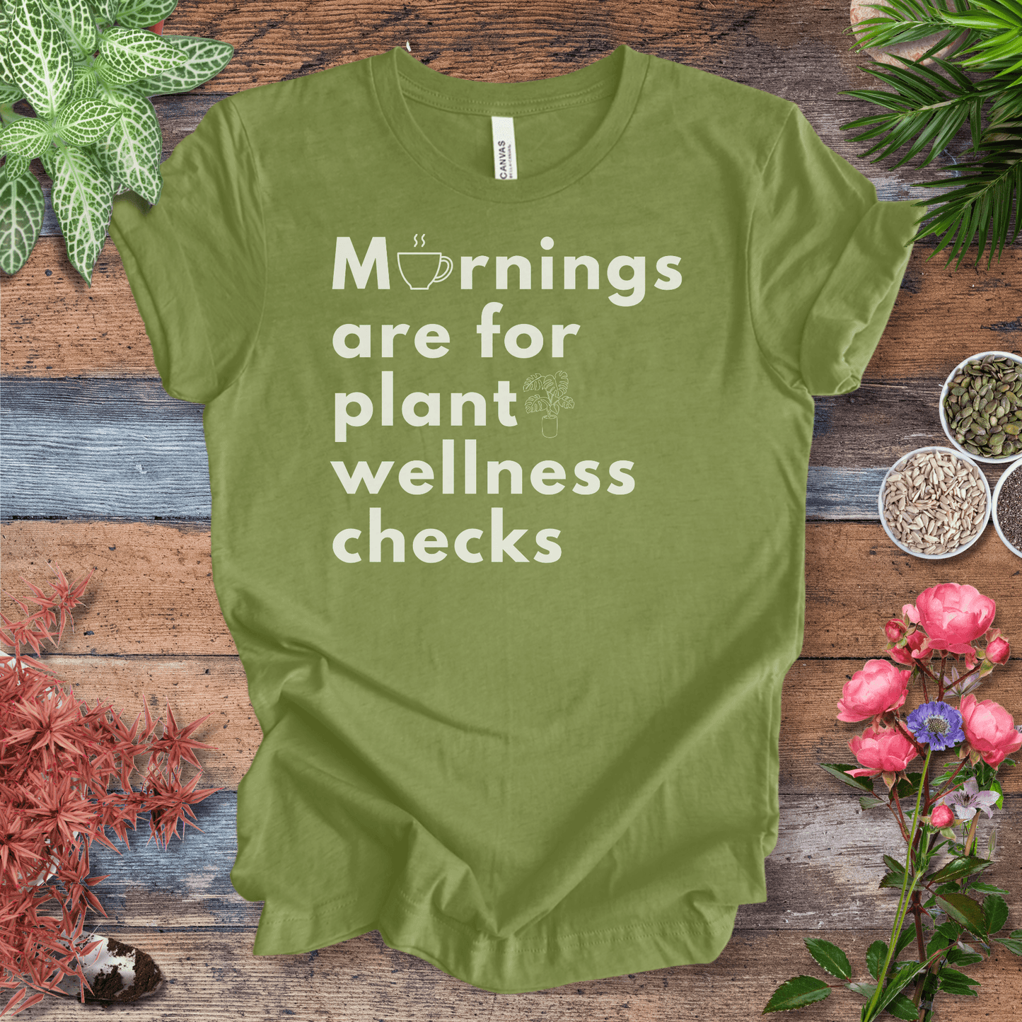 Printify T-Shirt Heather Green / S Mornings Are for Plant Wellness Checks | Cozy Plant Parent Tee
