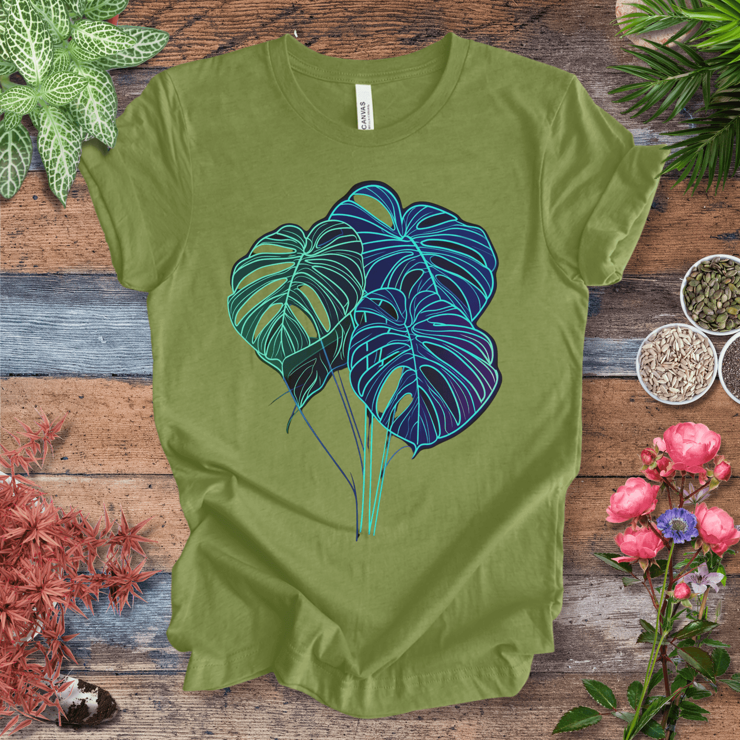 Printify T-Shirt Heather Green / S Neon Monstera Leaf Glow in the Dark Botanical T-Shirt