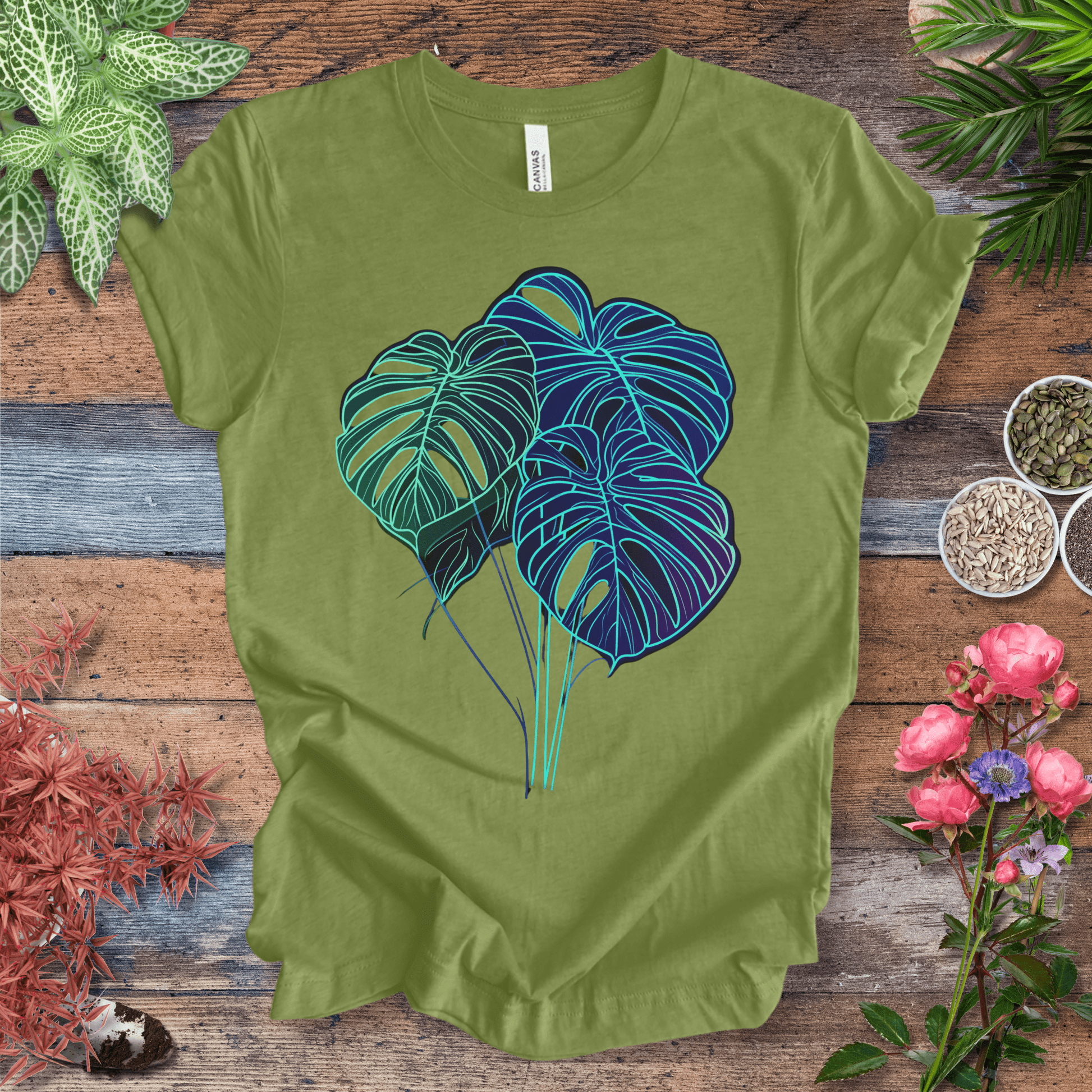Printify T-Shirt Heather Green / S Neon Monstera Leaf Glow in the Dark Botanical T-Shirt