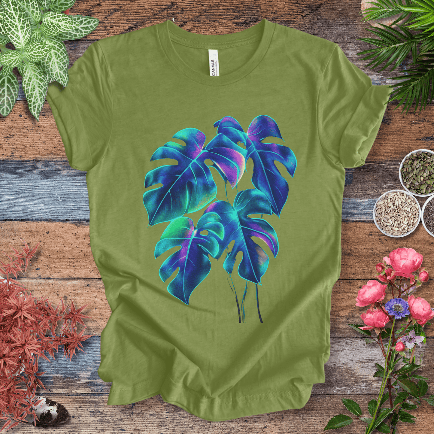 Printify T-Shirt Heather Green / S Neon Rainbow Monstera Jungle Aesthetic Plant Lover T-Shirt