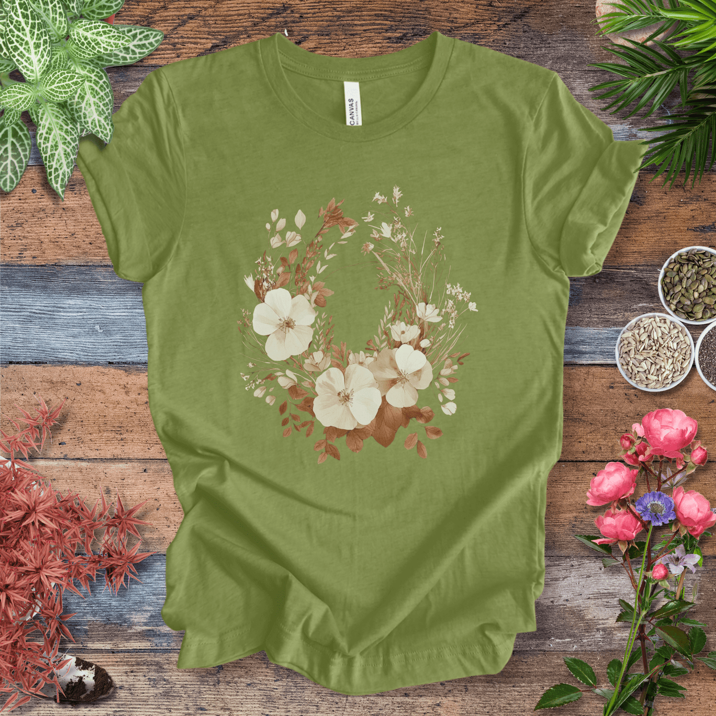 Printify T-Shirt Heather Green / S Rustic Floral Wreath Botanical T-Shirt