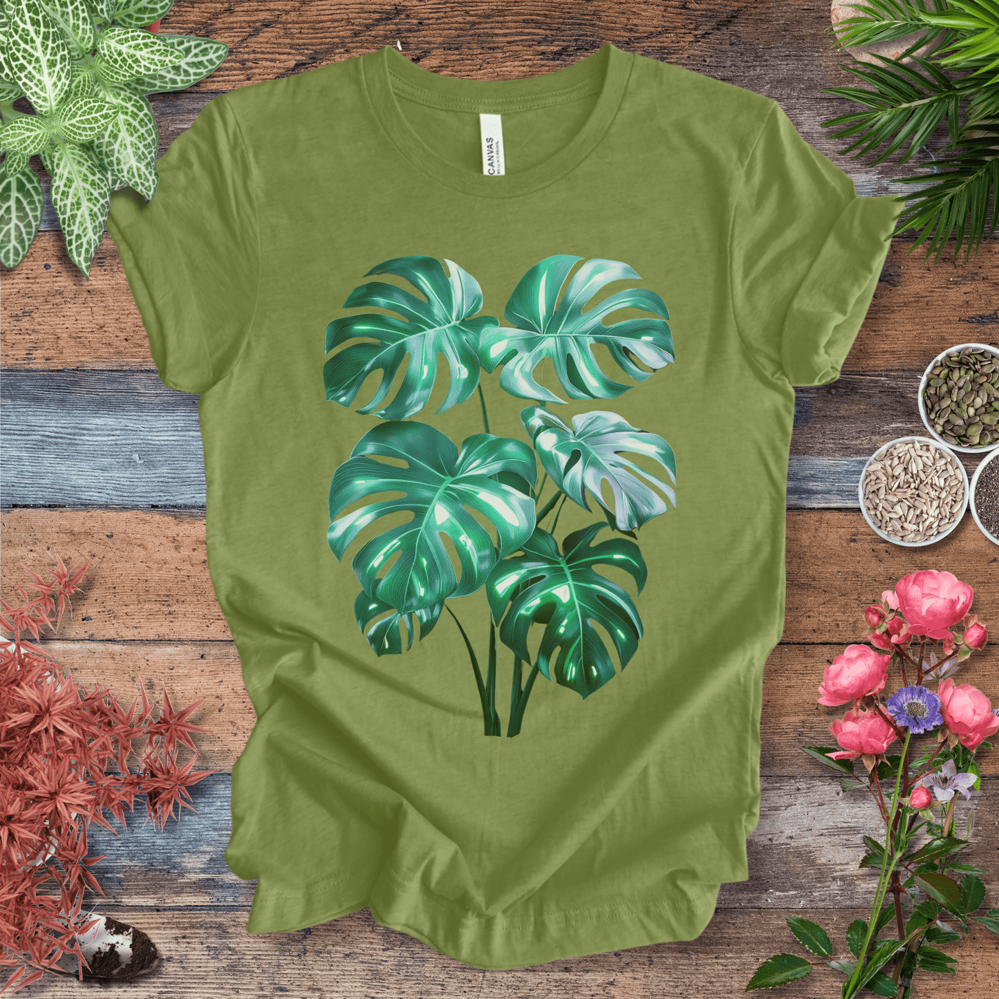 Printify T-Shirt Heather Green / S Shiny Monstera Leaf Jungle Aesthetic Plant Lover T-Shirt