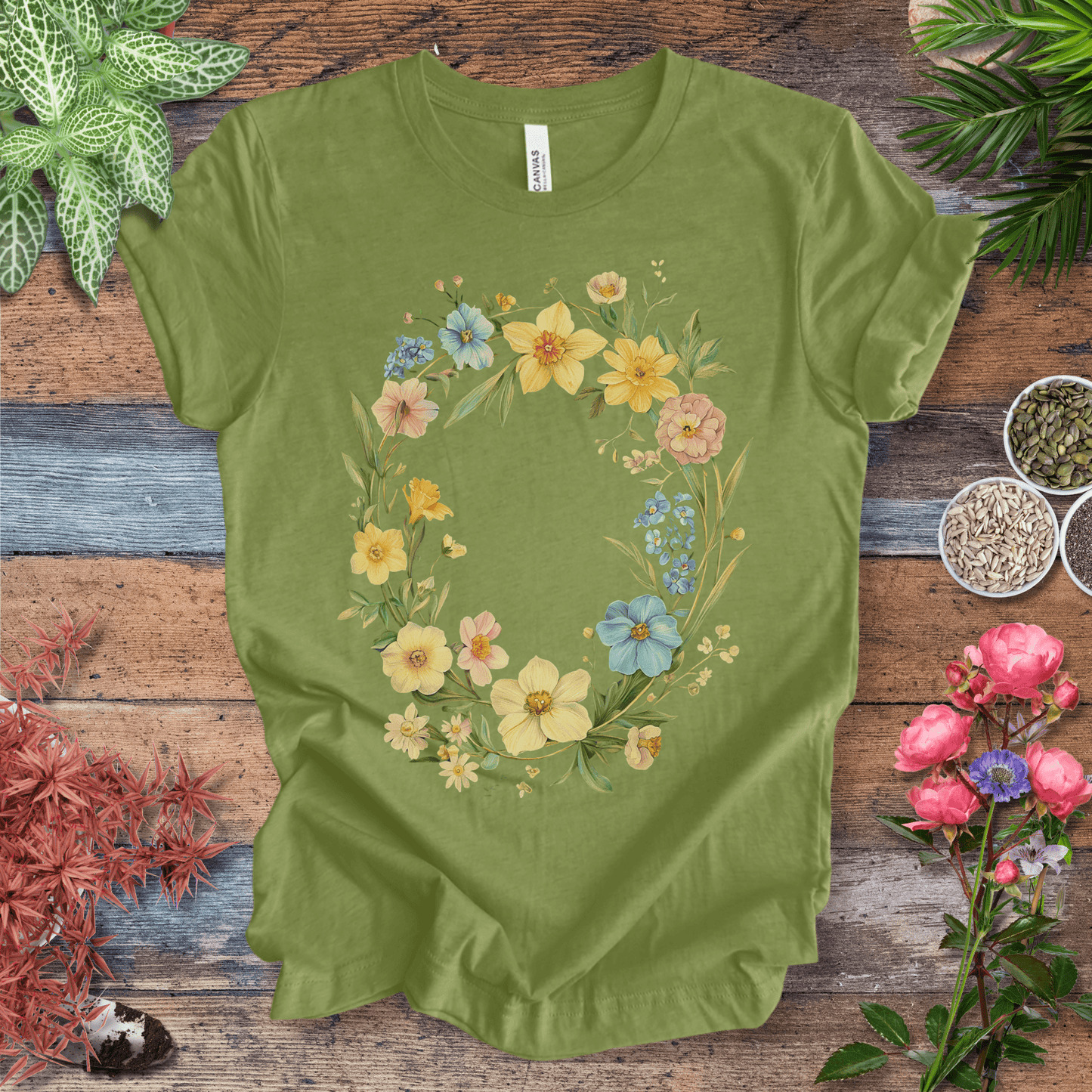 Printify T-Shirt Heather Green / S Spring Meadow Floral Wreath T-Shirt