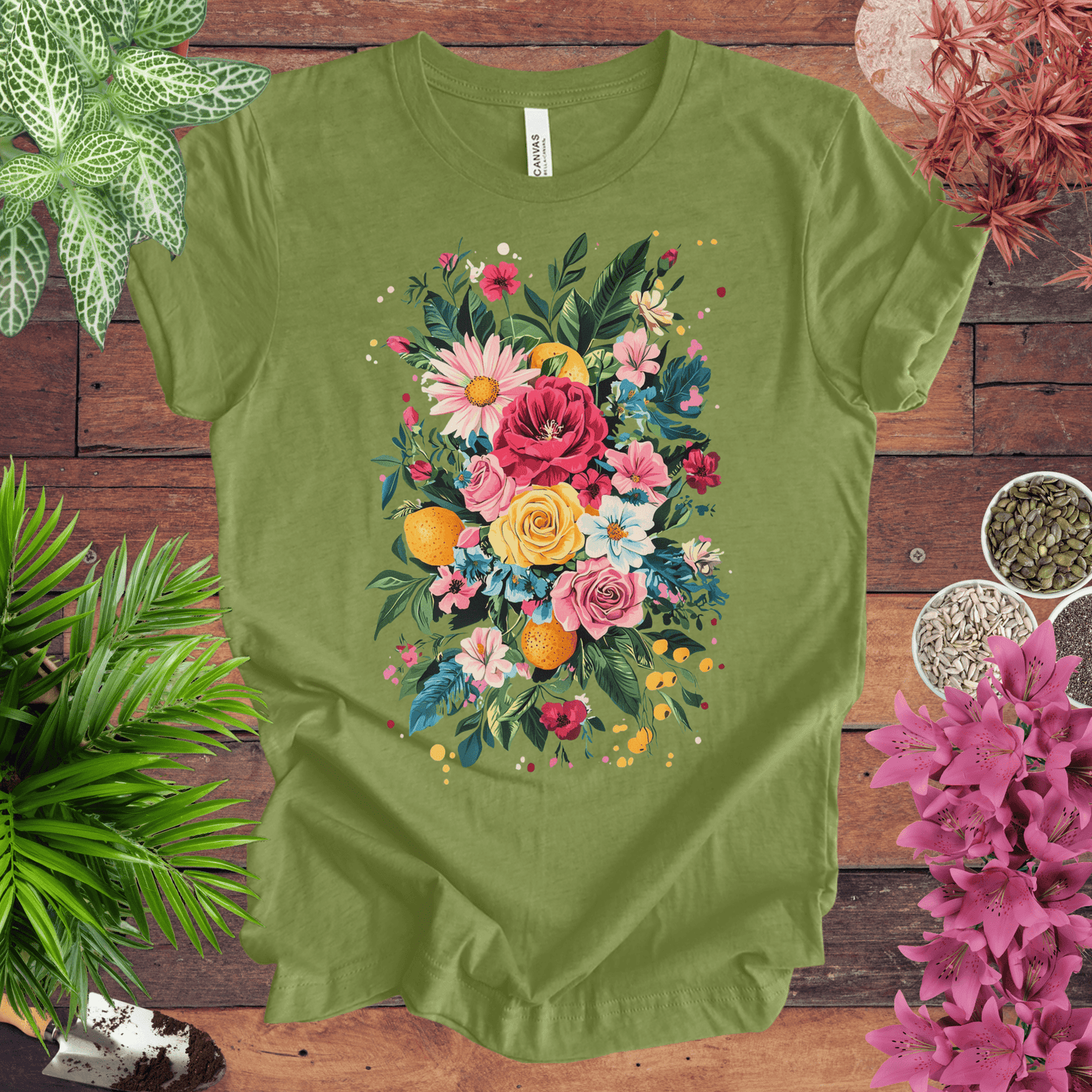 Printify T-Shirt Heather Green / S Vibrant Floral Citrus Bouquet T-Shirt