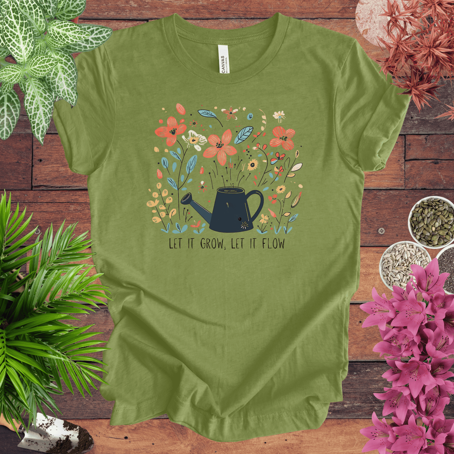 Printify T-Shirt Heather Green / S Whimsical Watering Can and Flowers T-Shirt