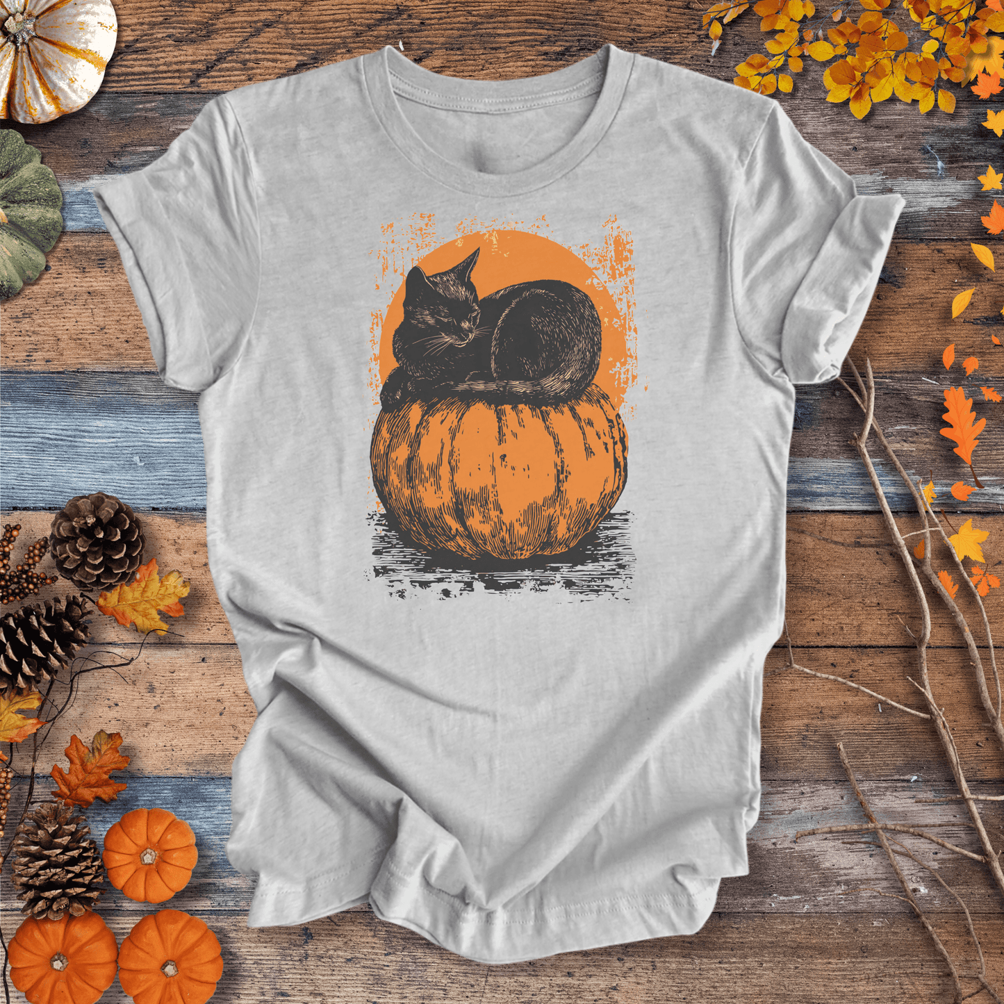 Printify T-Shirt Heather Grey / XS Moonlit Black Cat & Pumpkin Tee | Unisex Cotton