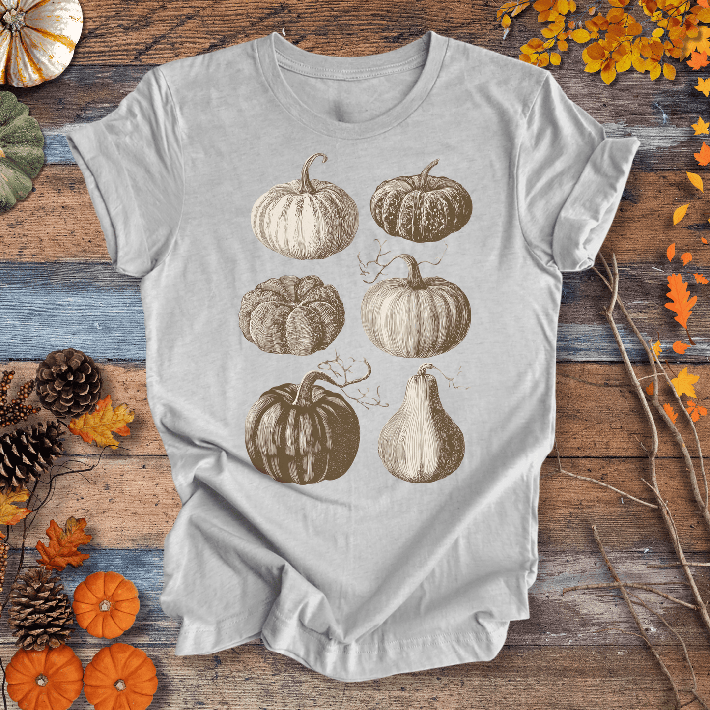 Printify T-Shirt Heather Grey / XS Vintage Pumpkin Art T-Shirt β Botanical Fall Shirt | Unisex Cotton