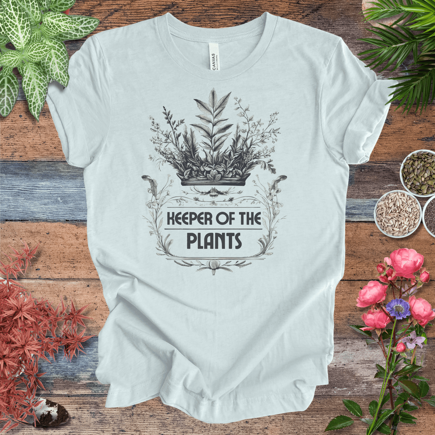 Printify T-Shirt Heather Ice Blue / S Keeper of the Plants – Vintage Monochrome Edition Elegant Gardener Tee