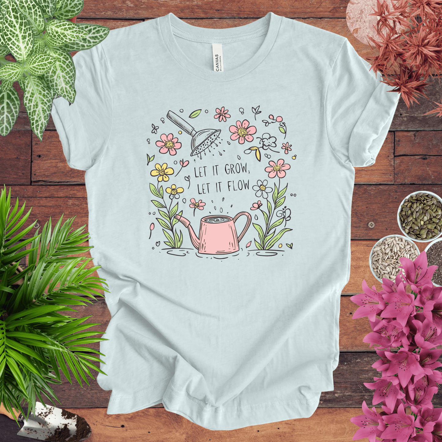 Printify T-Shirt Heather Ice Blue / S Pink Watering Can Floral T-Shirt