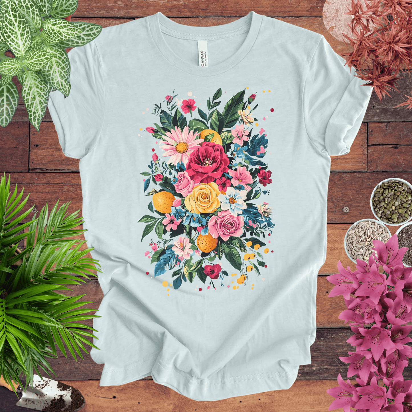 Printify T-Shirt Heather Ice Blue / S Vibrant Floral Citrus Bouquet T-Shirt