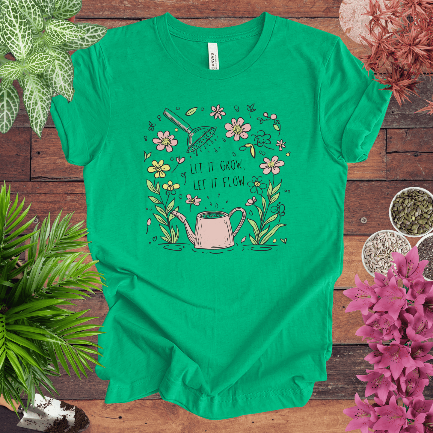 Printify T-Shirt Heather Kelly / S Pink Watering Can Floral T-Shirt
