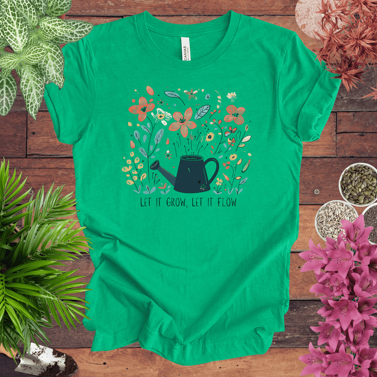 Printify T-Shirt Heather Kelly / S Whimsical Watering Can and Flowers T-Shirt