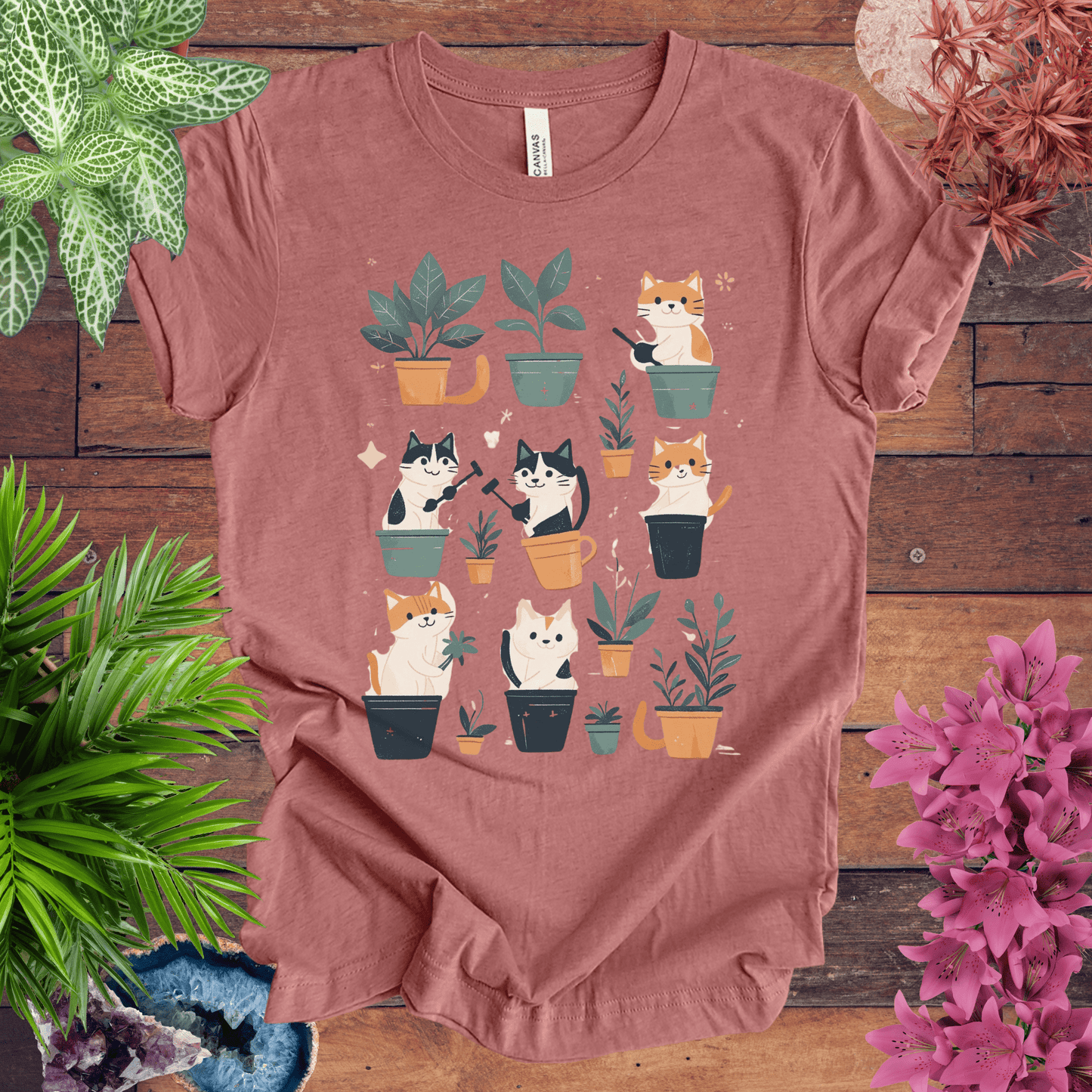 Printify T-Shirt Heather Mauve / S Curious Cats and Houseplants T-Shirt