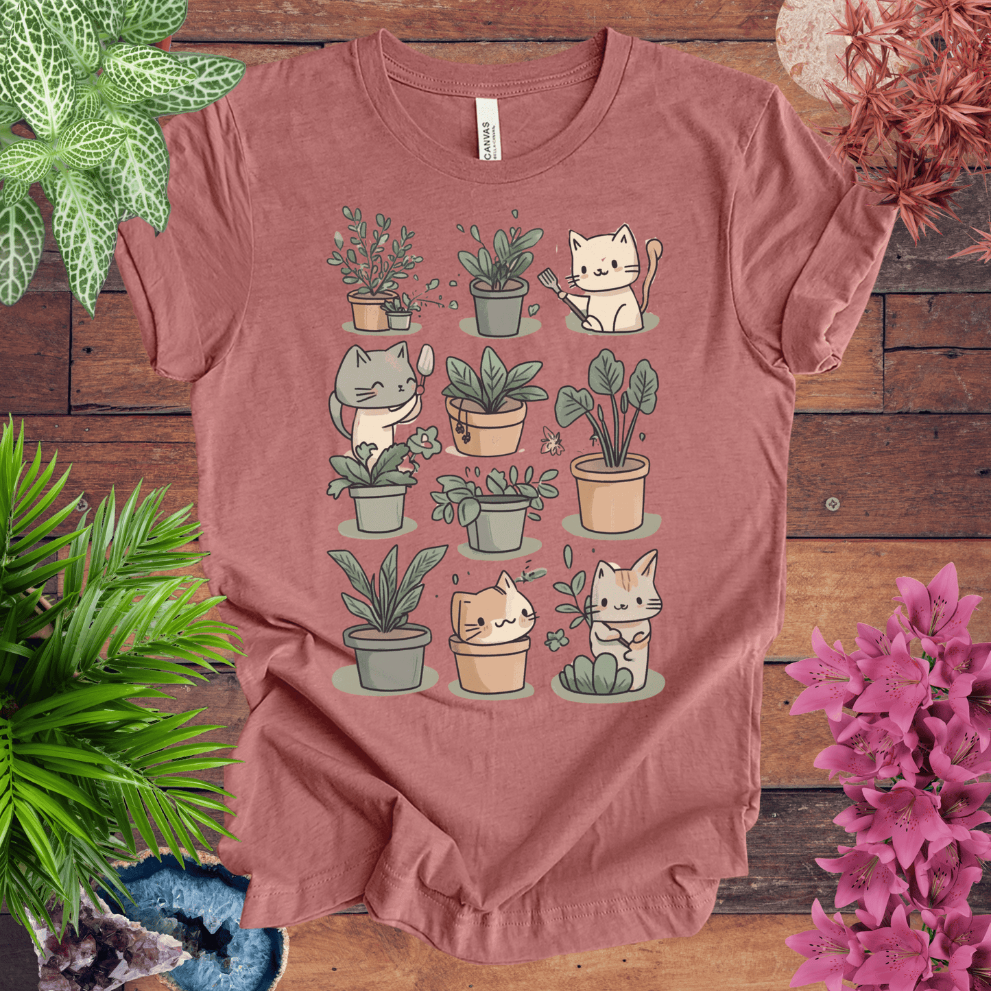 Printify T-Shirt Heather Mauve / S Mischievous Kitties Garden Helpers T-Shirt