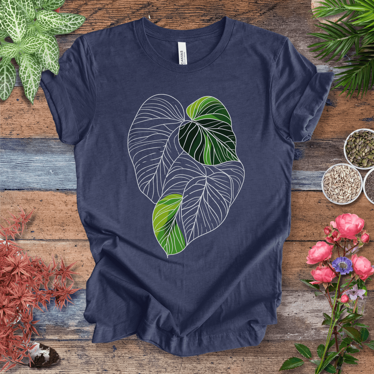 Printify T-Shirt Heather Navy / S Abstract Green Monstera Leaf T-Shirt