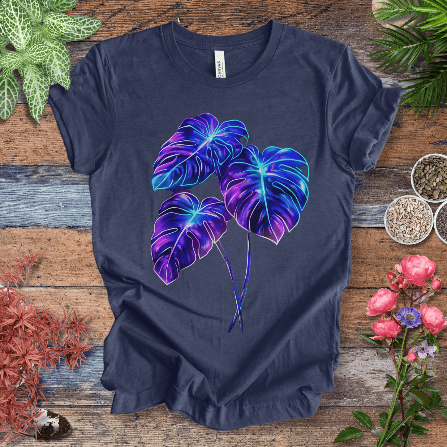 Printify T-Shirt Heather Navy / S Bioluminescent Monstera Jungle Plant Lover Aesthetic T-Shirt