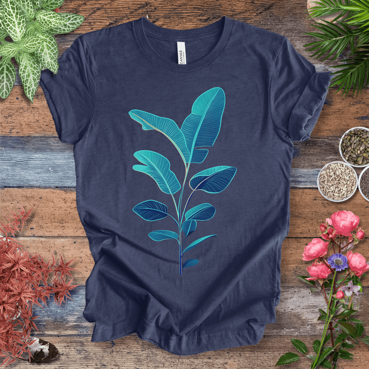 Printify T-Shirt Heather Navy / S Blue Monstera Leaves Tropical Aesthetic Houseplant T-Shirt