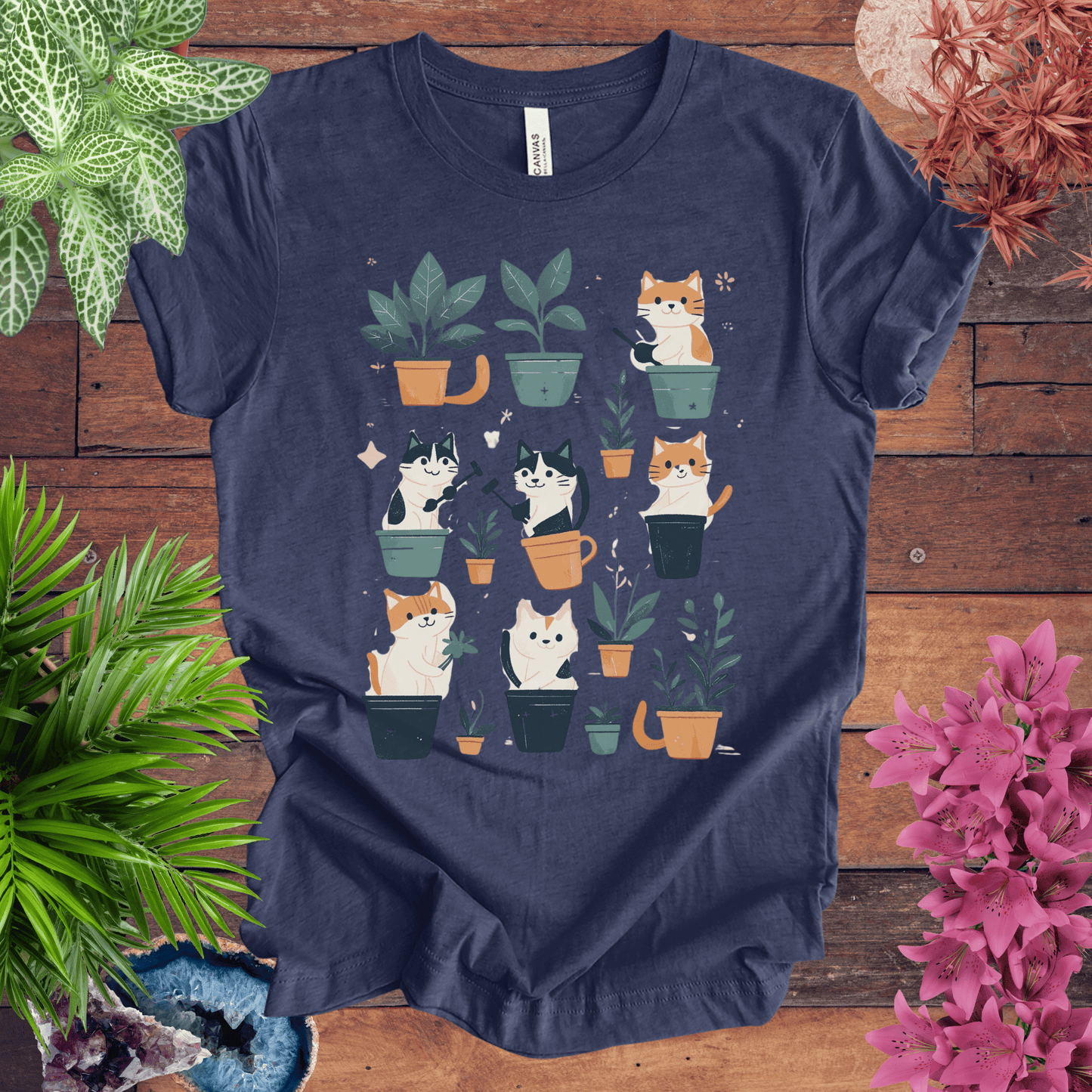 Printify T-Shirt Heather Navy / S Curious Cats and Houseplants T-Shirt