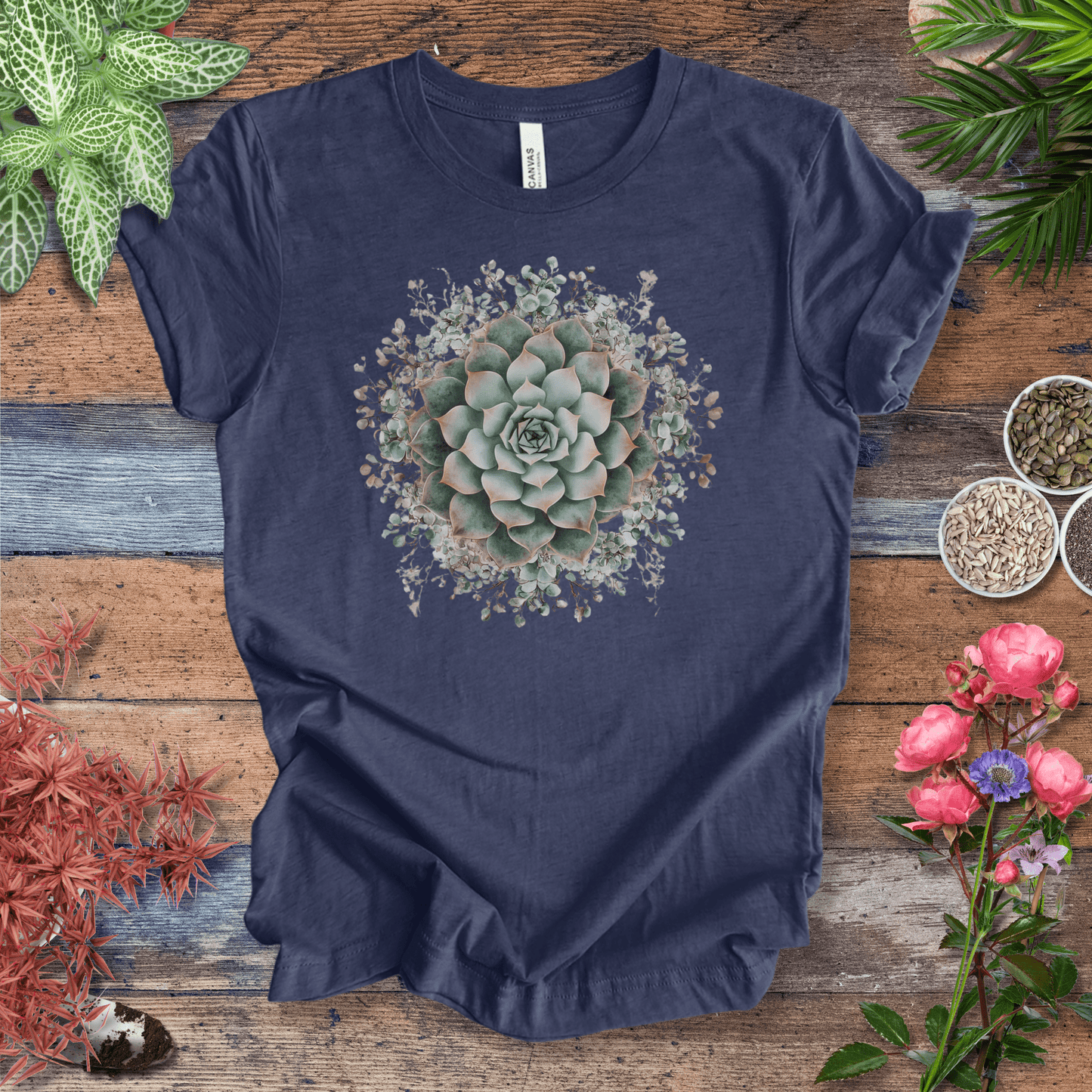 Printify T-Shirt Heather Navy / S Elegant Succulent Bloom T-Shirt