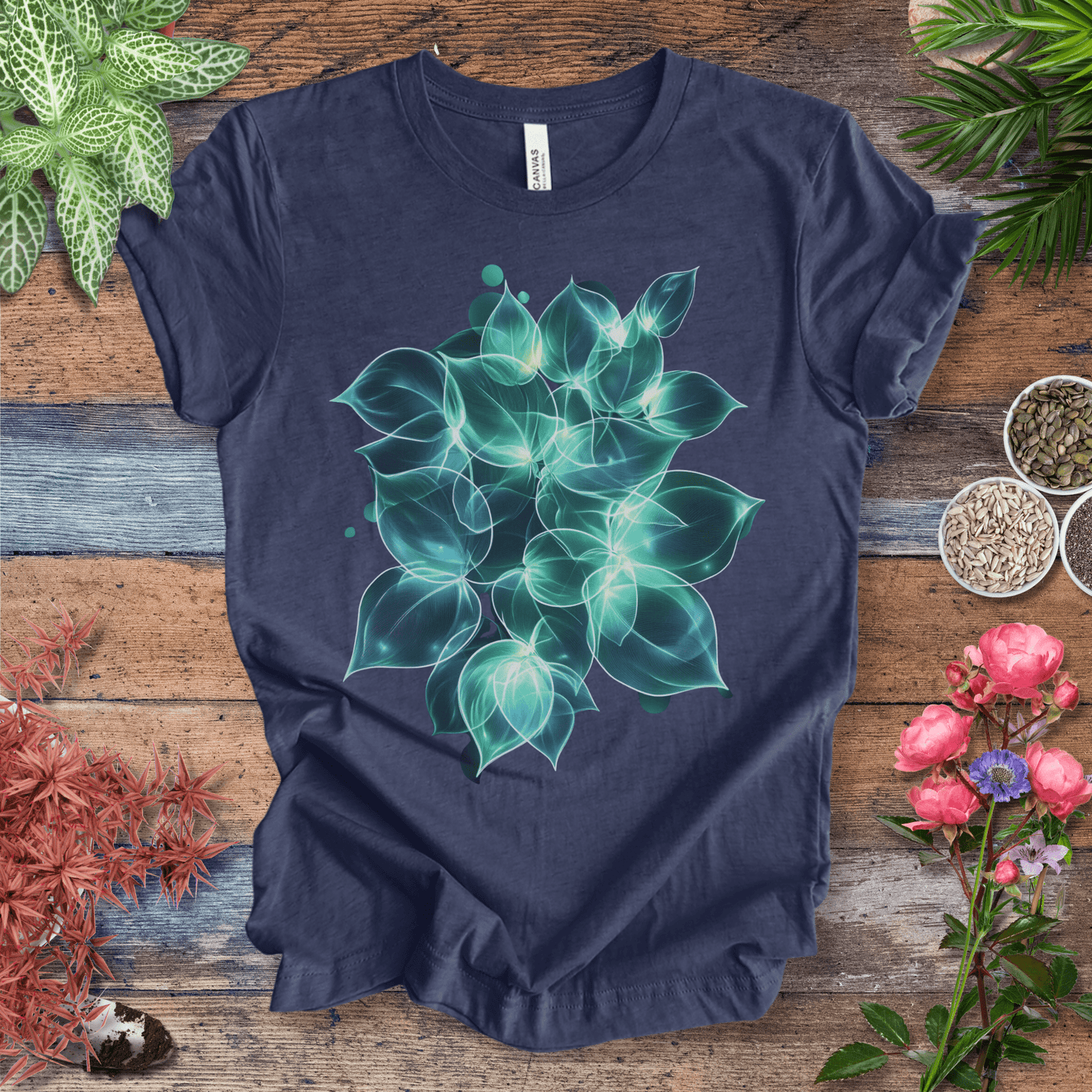 Printify T-Shirt Heather Navy / S Ethereal Glowing Leaves Botanical Nature Lover T-Shirt