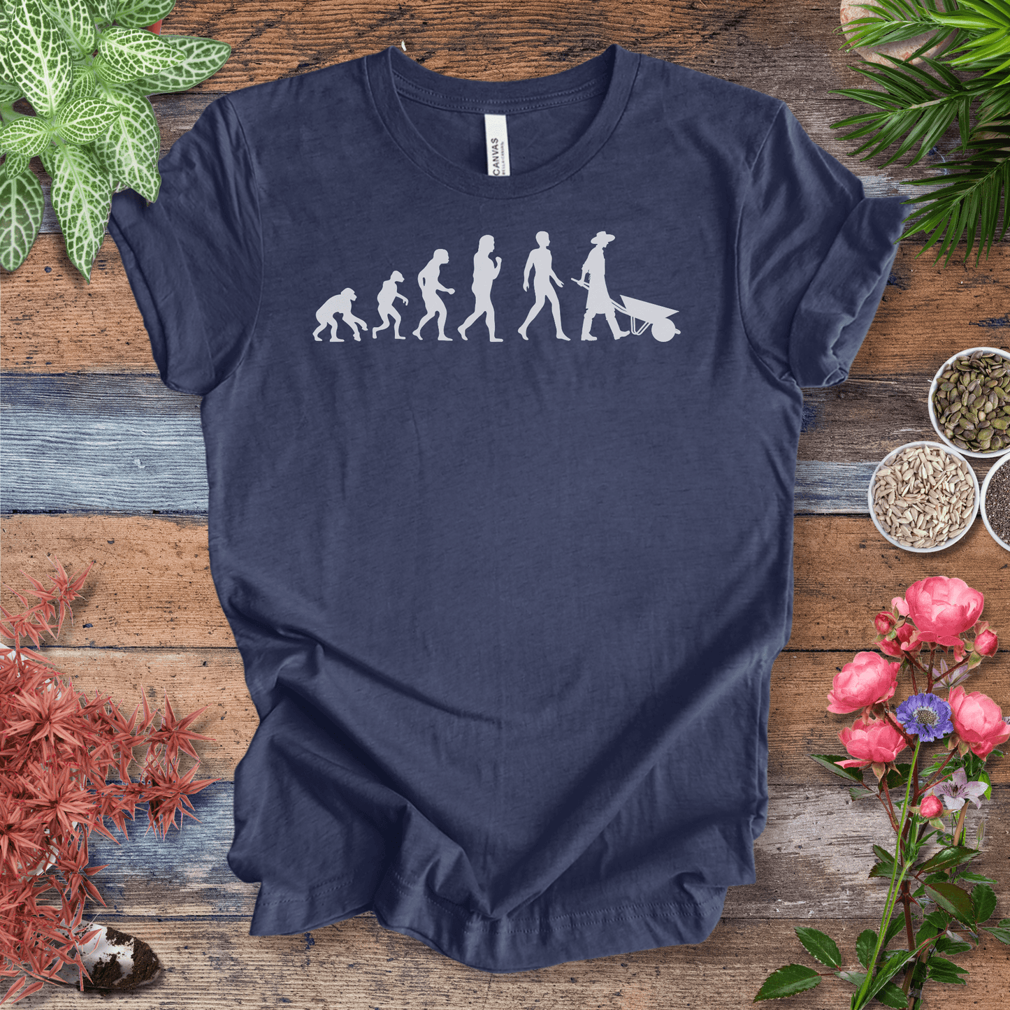 Printify T-Shirt Heather Navy / S Evolution of a Gardener (Wheelbarrow) | Fun Gardening Tee