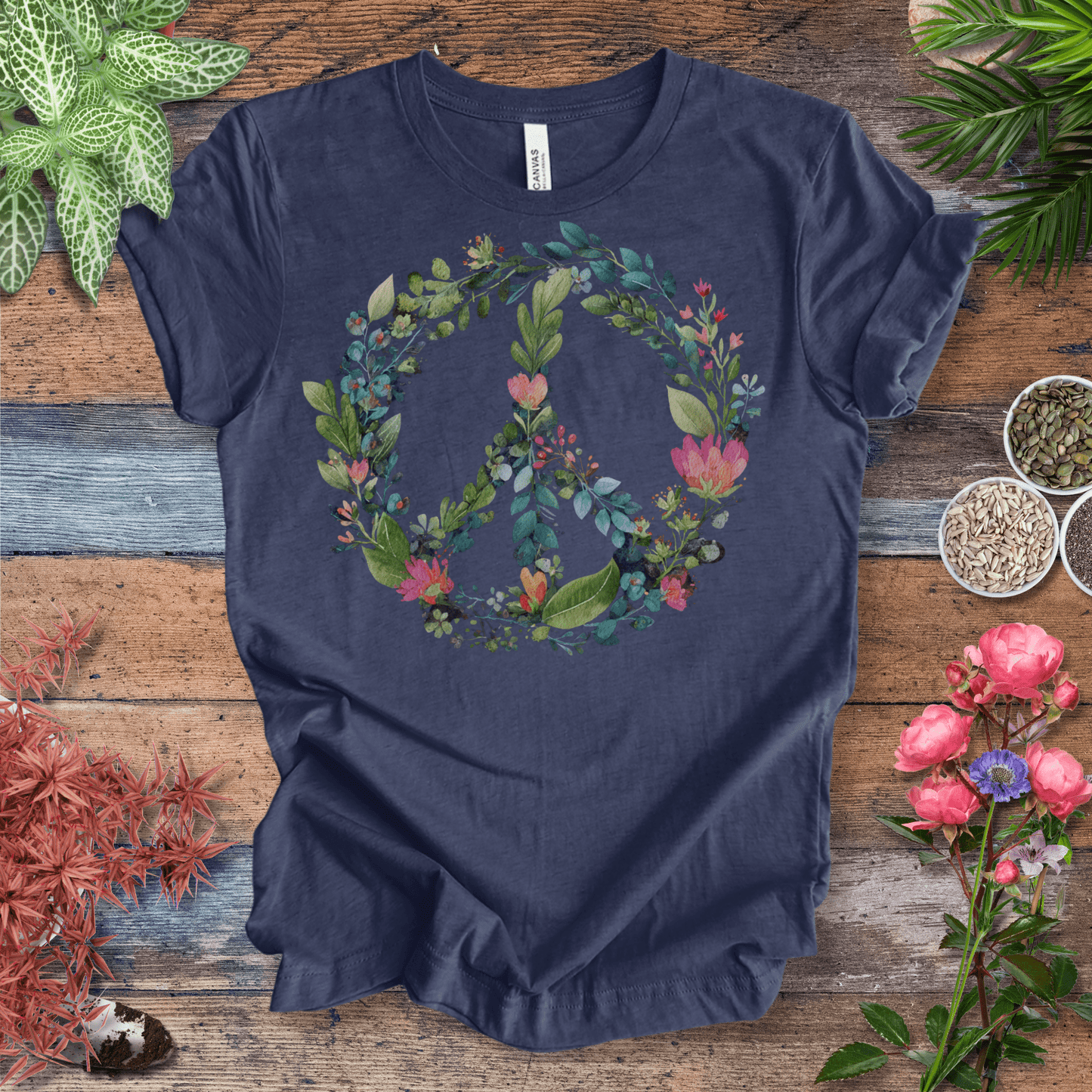 Printify T-Shirt Heather Navy / S Floral Peace Sign T-Shirt – Watercolor Green & Pink Botanical Wreath | Plant Lover Graphic Tee, Eco Cotton Unisex Shirt