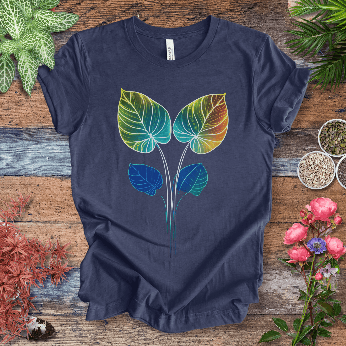 Printify T-Shirt Heather Navy / S Glowing Futuristic Leaves Botanical Nature Lover T-Shirt