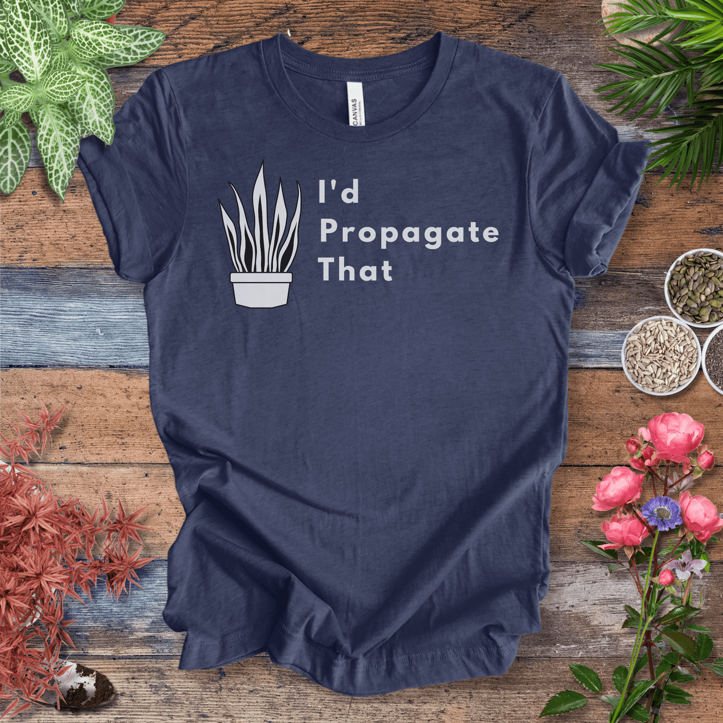 Printify T-Shirt Heather Navy / S I’d Propagate That – Snake Plant Edition | Minimalist Houseplant Tee