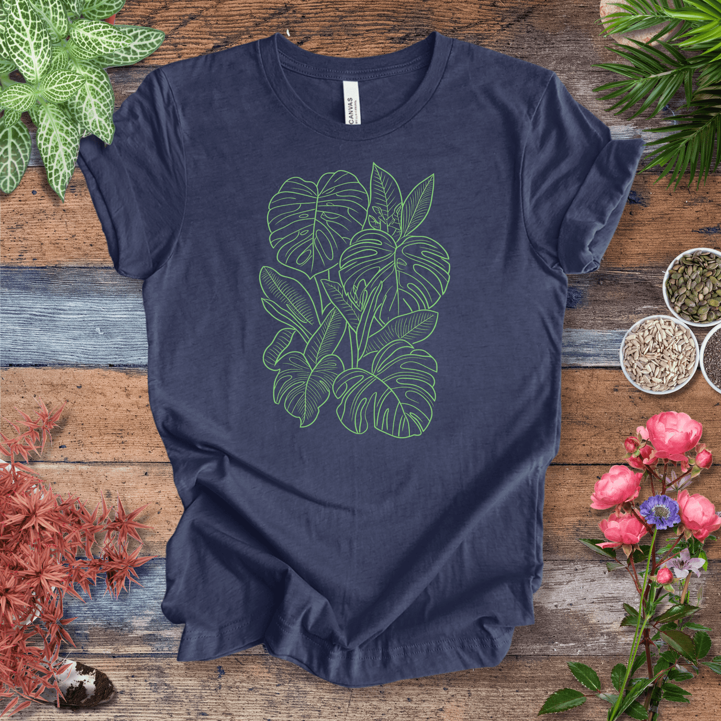 Printify T-Shirt Heather Navy / S Minimalist Neon Monstera Plant T-Shirt