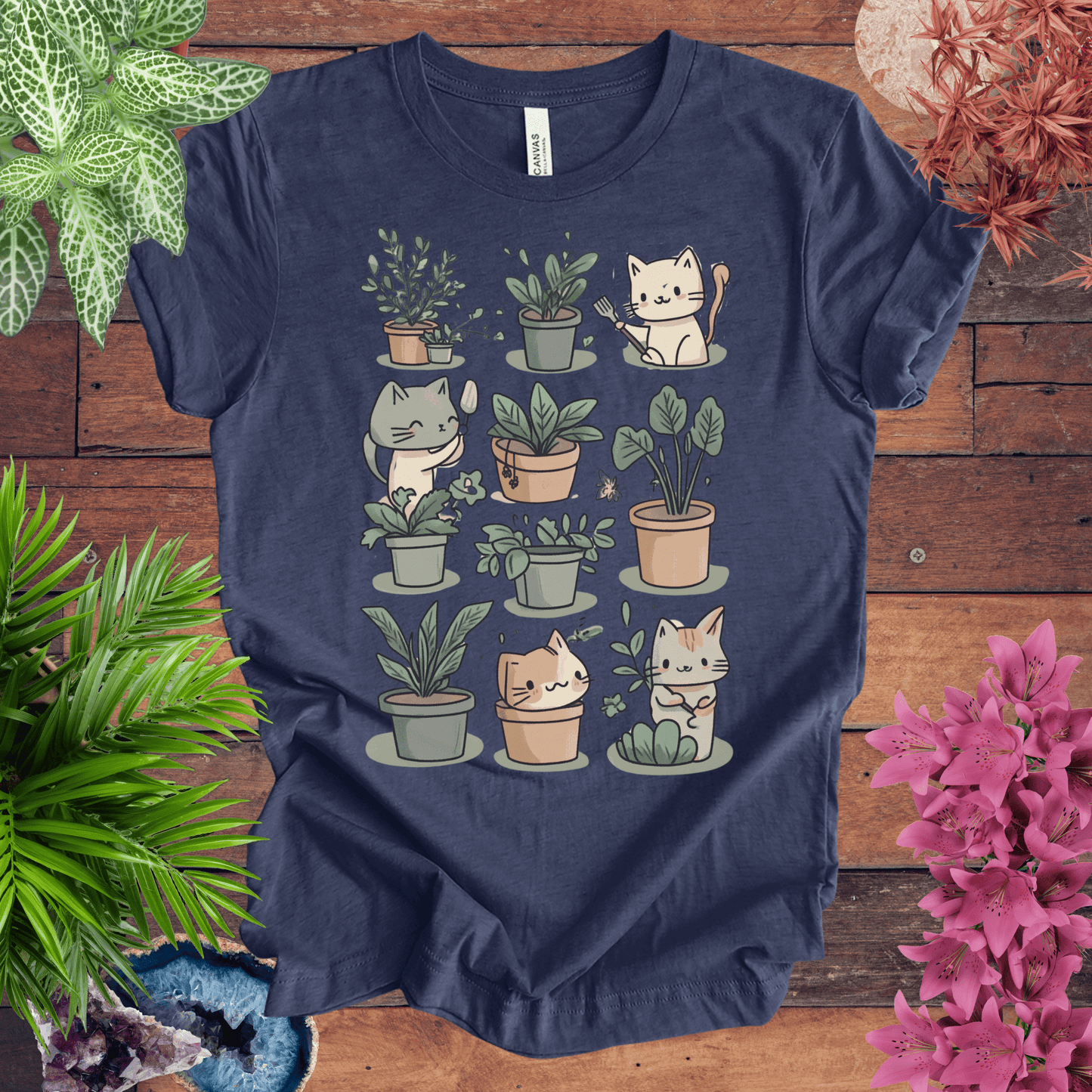 Printify T-Shirt Heather Navy / S Mischievous Kitties Garden Helpers T-Shirt