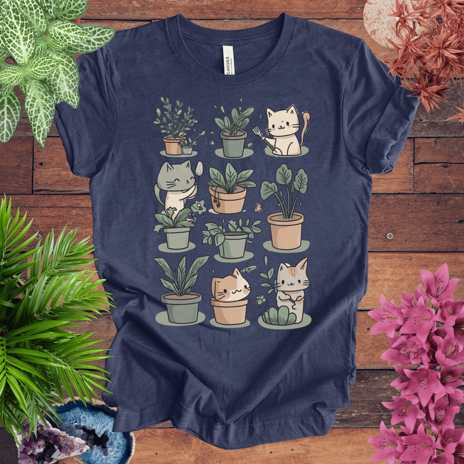 Printify T-Shirt Heather Navy / S Mischievous Kitties Garden Helpers T-Shirt