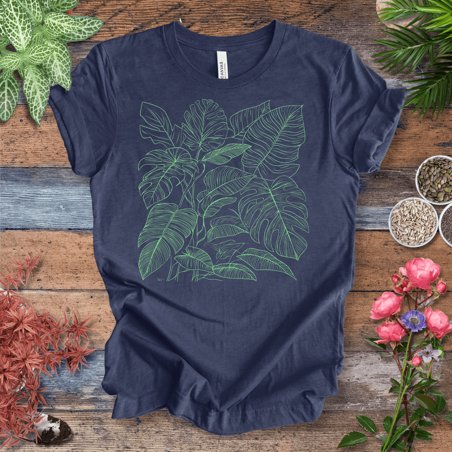 Printify T-Shirt Heather Navy / S Monstera Jungle Line-Art T-Shirt – Neon Green Tropical Leaves Graphic Tee | Botanical Streetwear, Houseplant Lover Gift