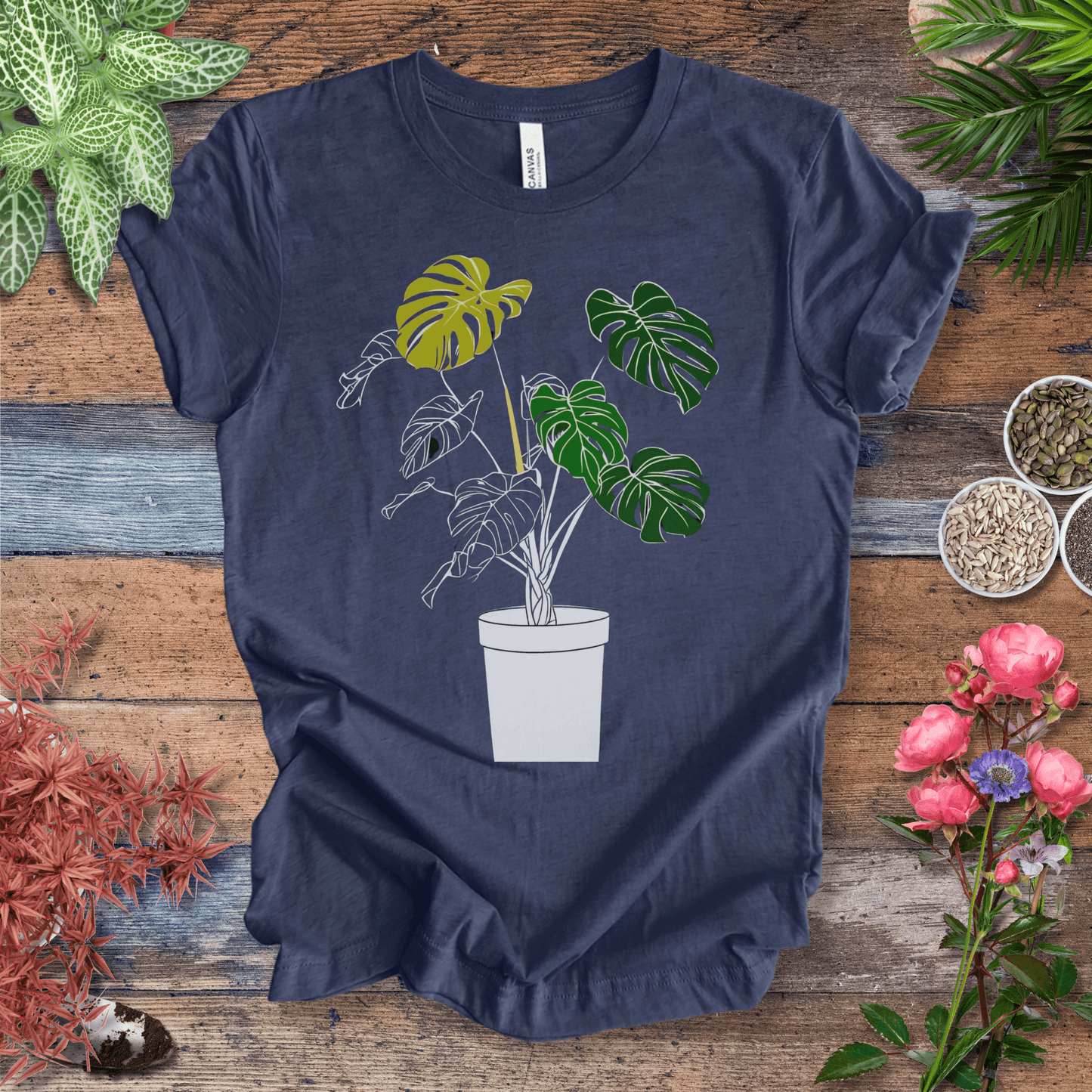 Printify T-Shirt Heather Navy / S Monstera Line Art Potted Plant T-Shirt