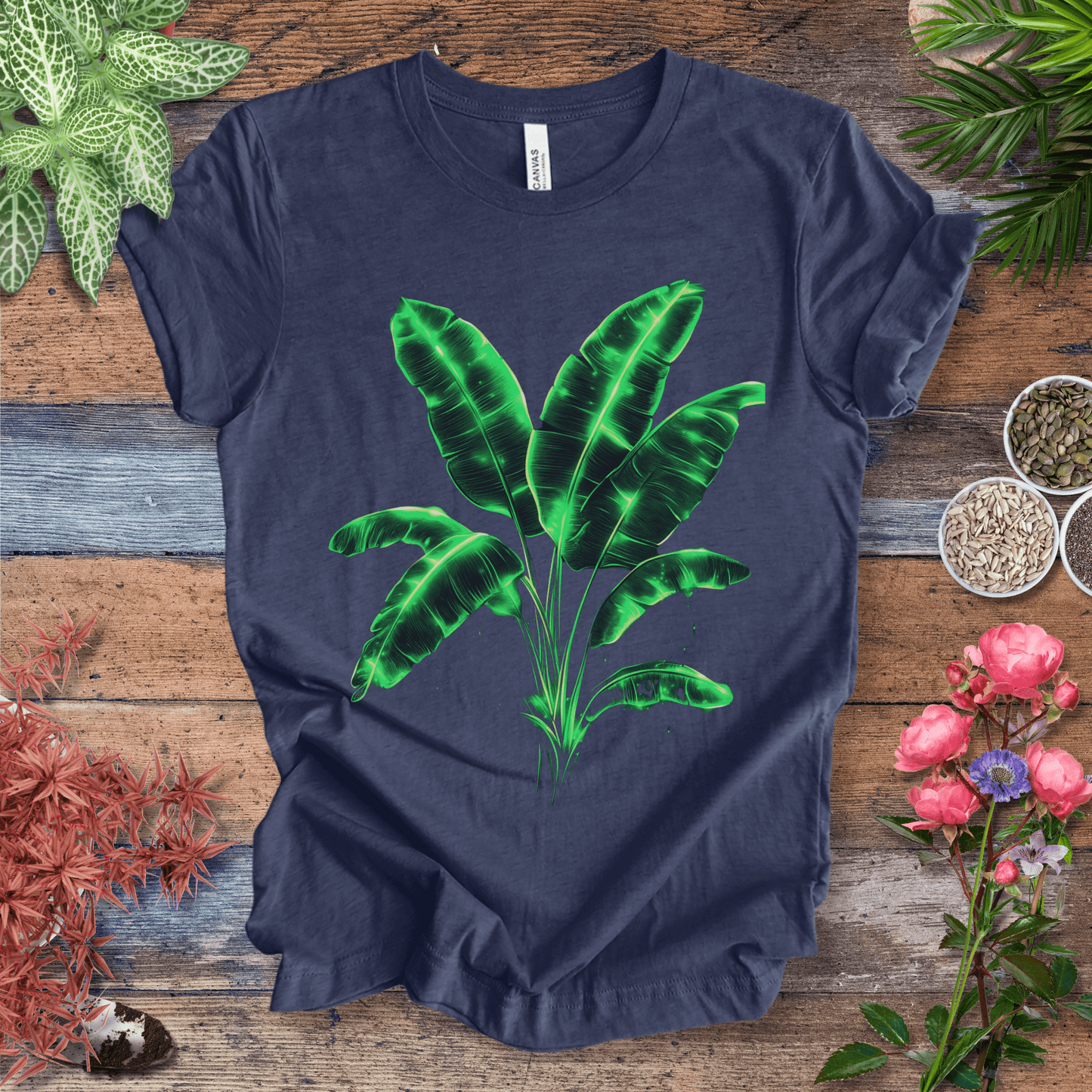 Printify T-Shirt Heather Navy / S Neon Glow Banana Leaves Plant Lover Aesthetic T-Shirt