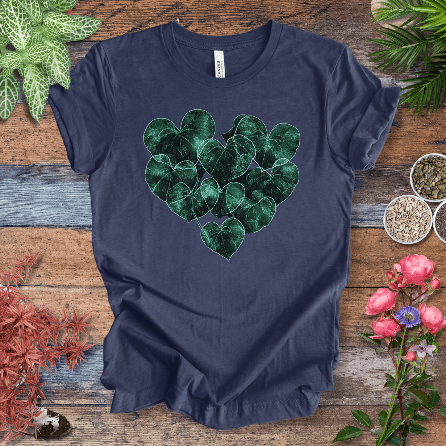 Printify T-Shirt Heather Navy / S Neon Heart-Shaped Leaves Plant Parent Aesthetic T-Shirt