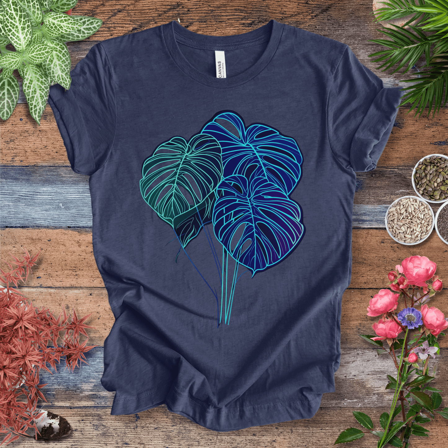 Printify T-Shirt Heather Navy / S Neon Monstera Leaf Glow in the Dark Botanical T-Shirt