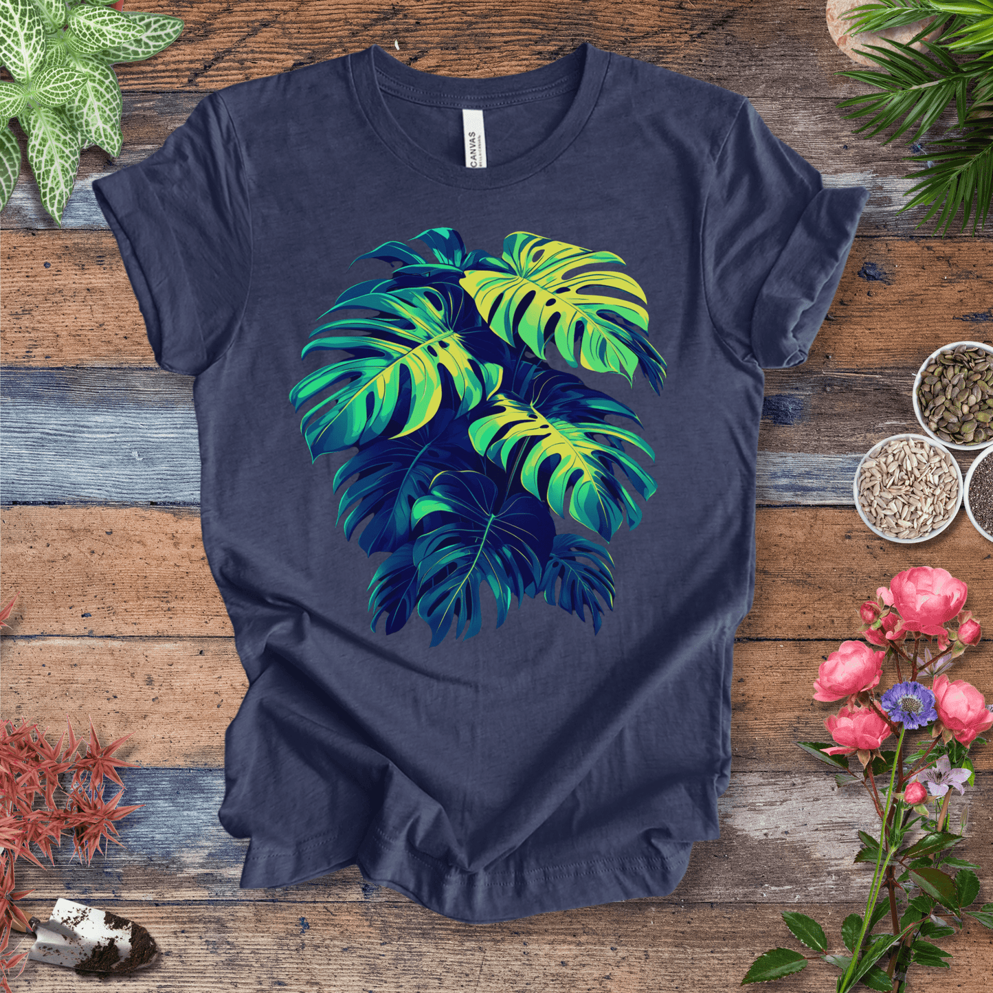 Printify T-Shirt Heather Navy / S Neon Monstera Leaves T-Shirt