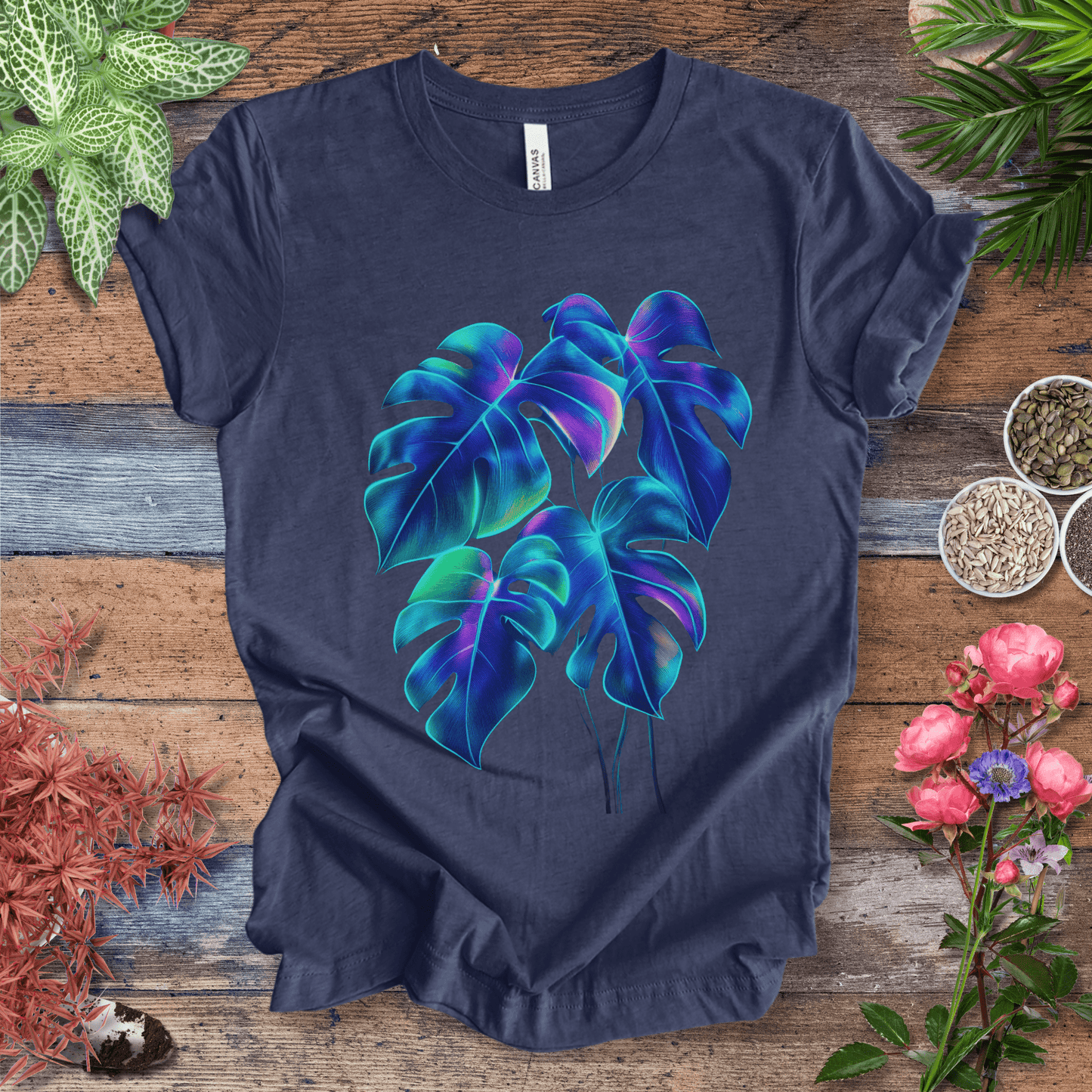 Printify T-Shirt Heather Navy / S Neon Rainbow Monstera Jungle Aesthetic Plant Lover T-Shirt