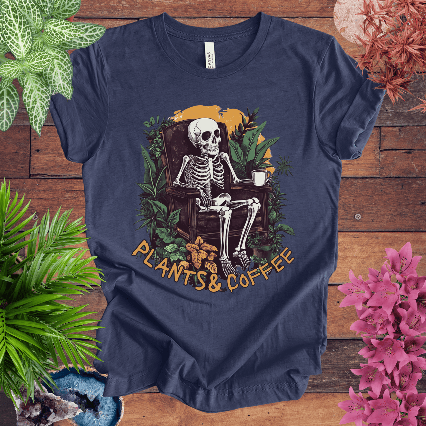 Printify T-Shirt Heather Navy / S Plants & Coffee Skeleton T-Shirt