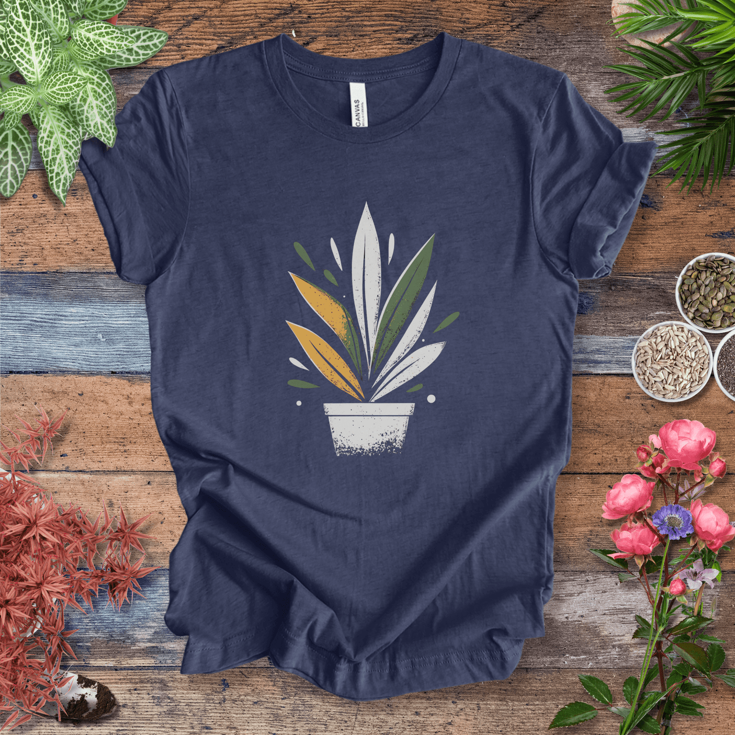 Printify T-Shirt Heather Navy / S Retro Potted Plant T-Shirt