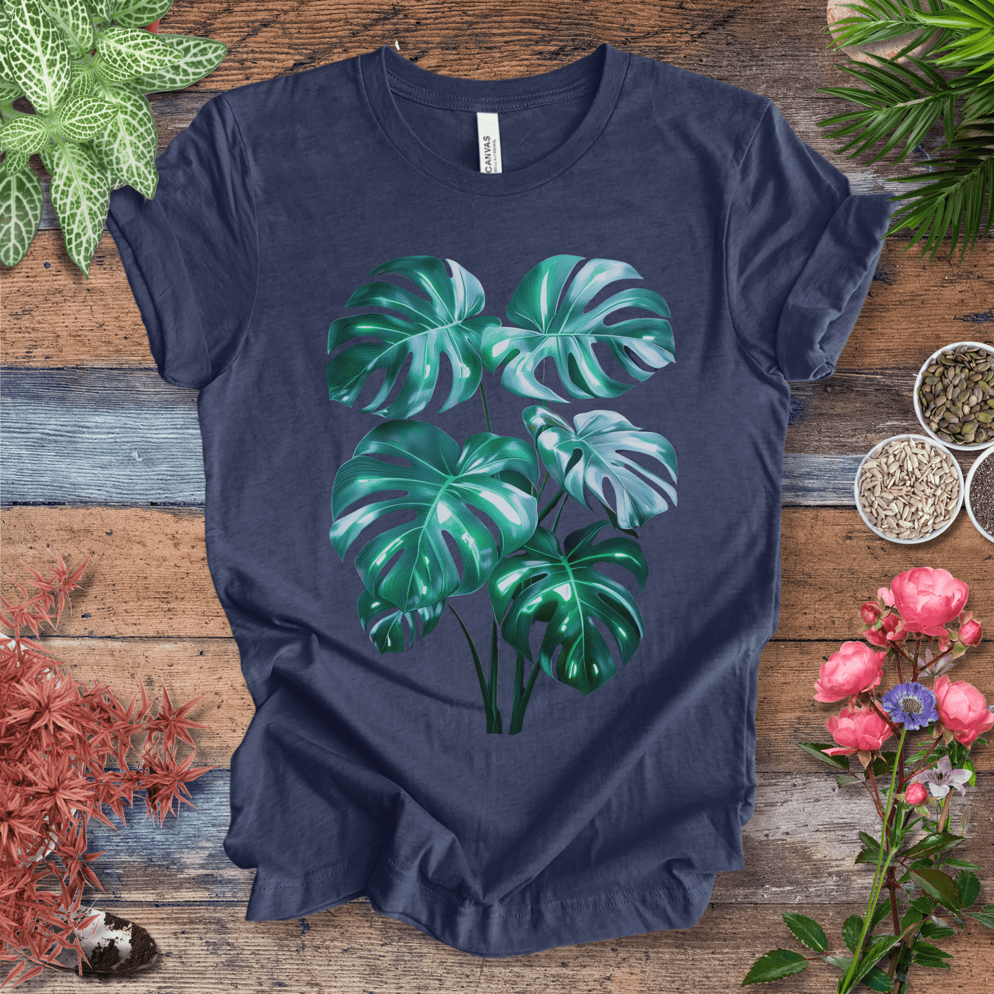 Printify T-Shirt Heather Navy / S Shiny Monstera Leaf Jungle Aesthetic Plant Lover T-Shirt