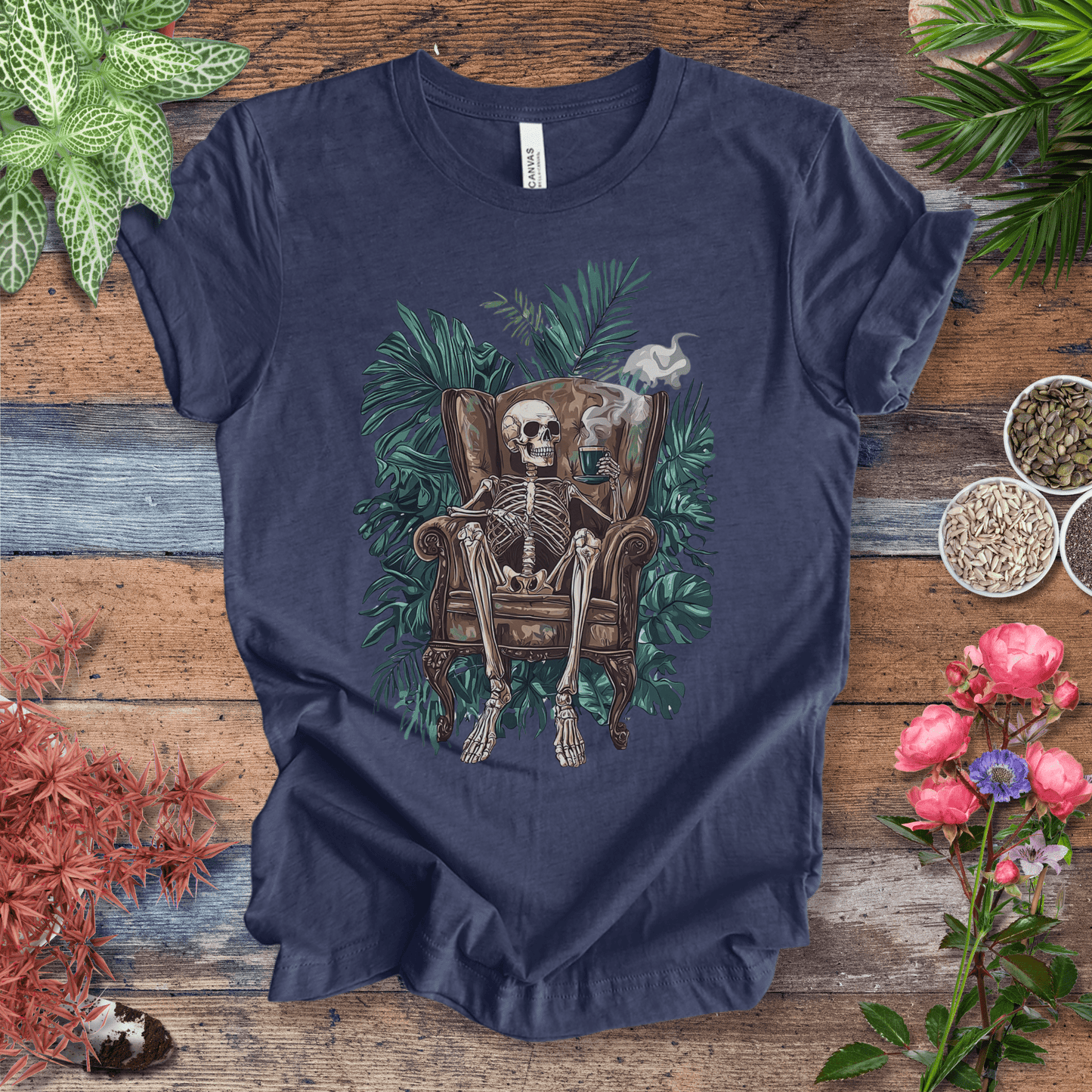 Printify T-Shirt Heather Navy / S Skeleton Sip Jungle Vibes T-Shirt