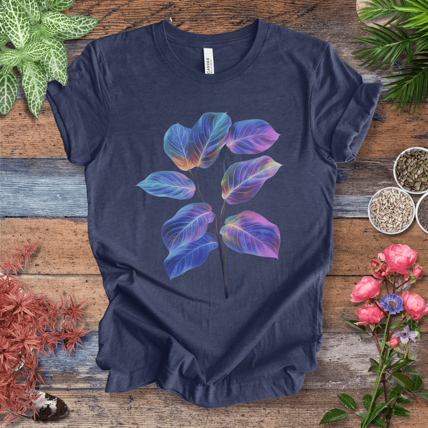 Printify T-Shirt Heather Navy / S Tropical Sunset Gradient Leaf T-Shirt